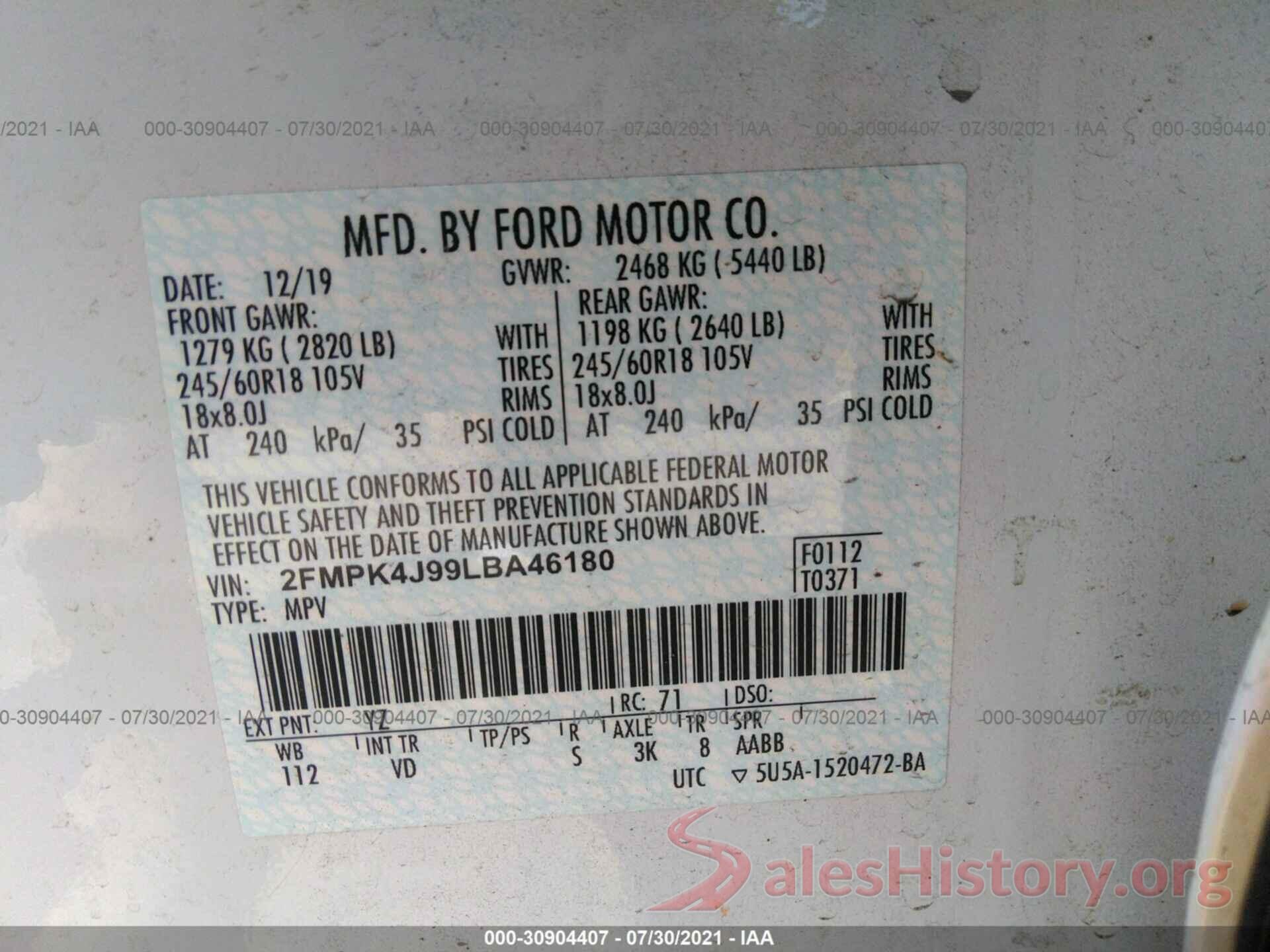 2FMPK4J99LBA46180 2020 FORD EDGE