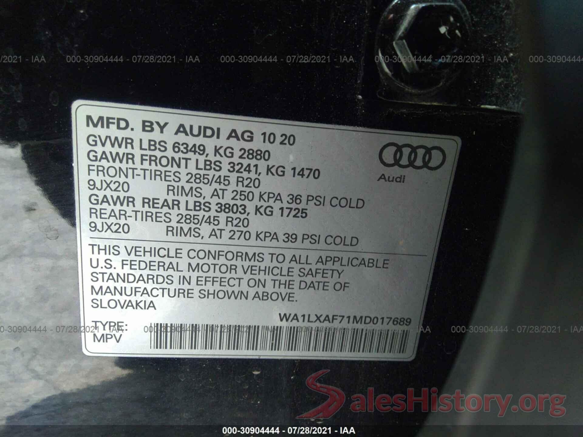 WA1LXAF71MD017689 2021 AUDI Q7