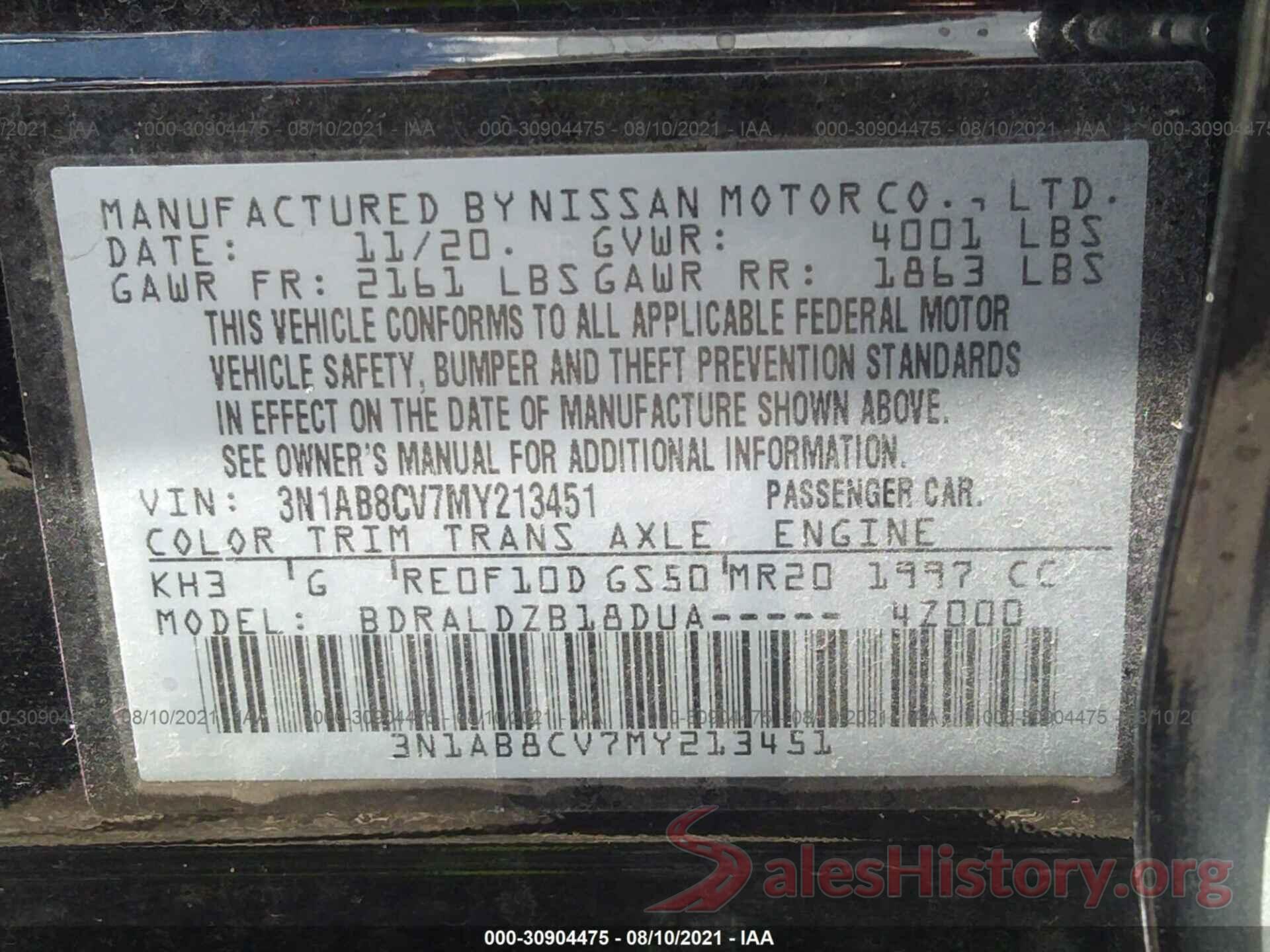 3N1AB8CV7MY213451 2021 NISSAN SENTRA