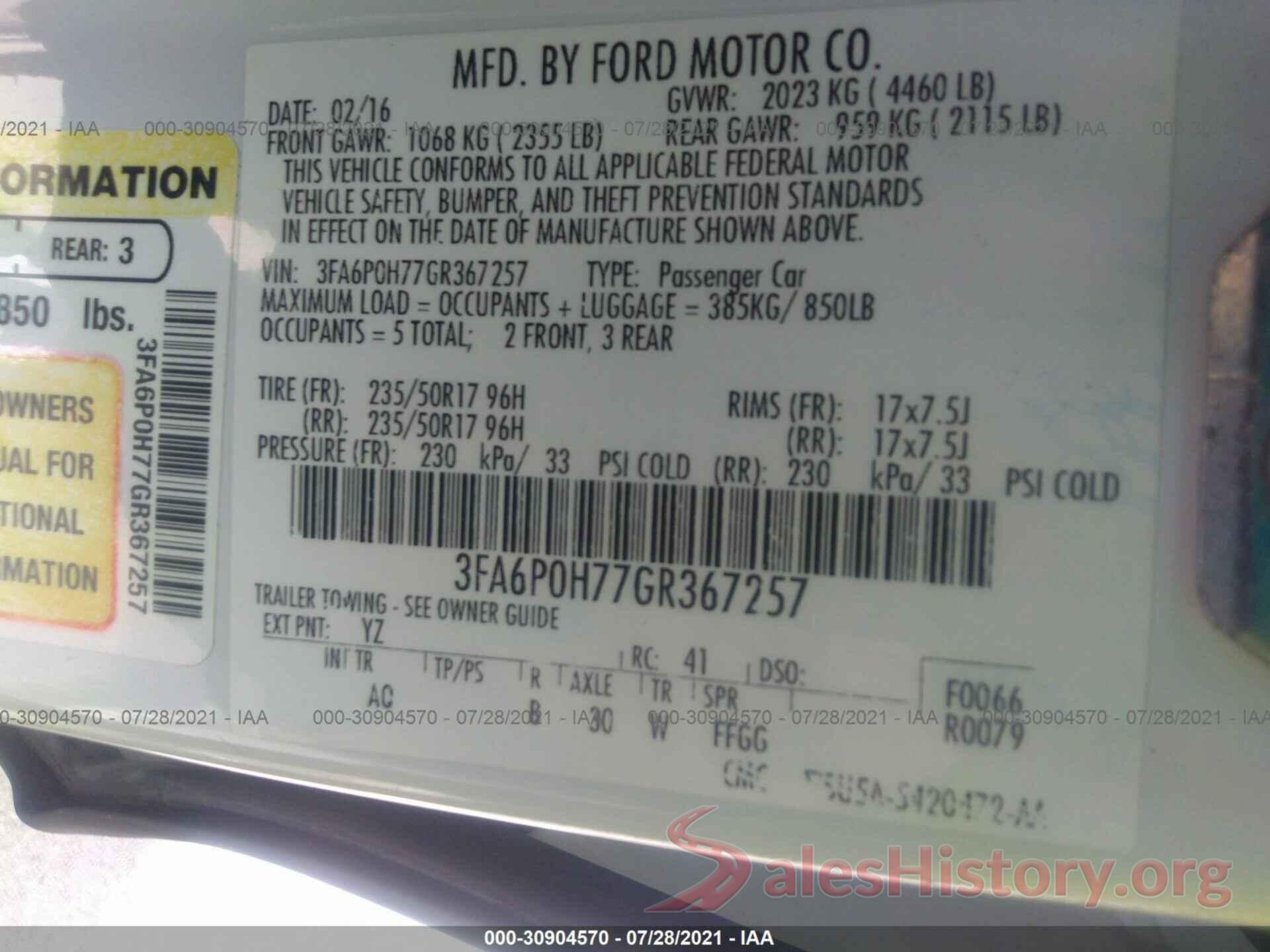 3FA6P0H77GR367257 2016 FORD FUSION