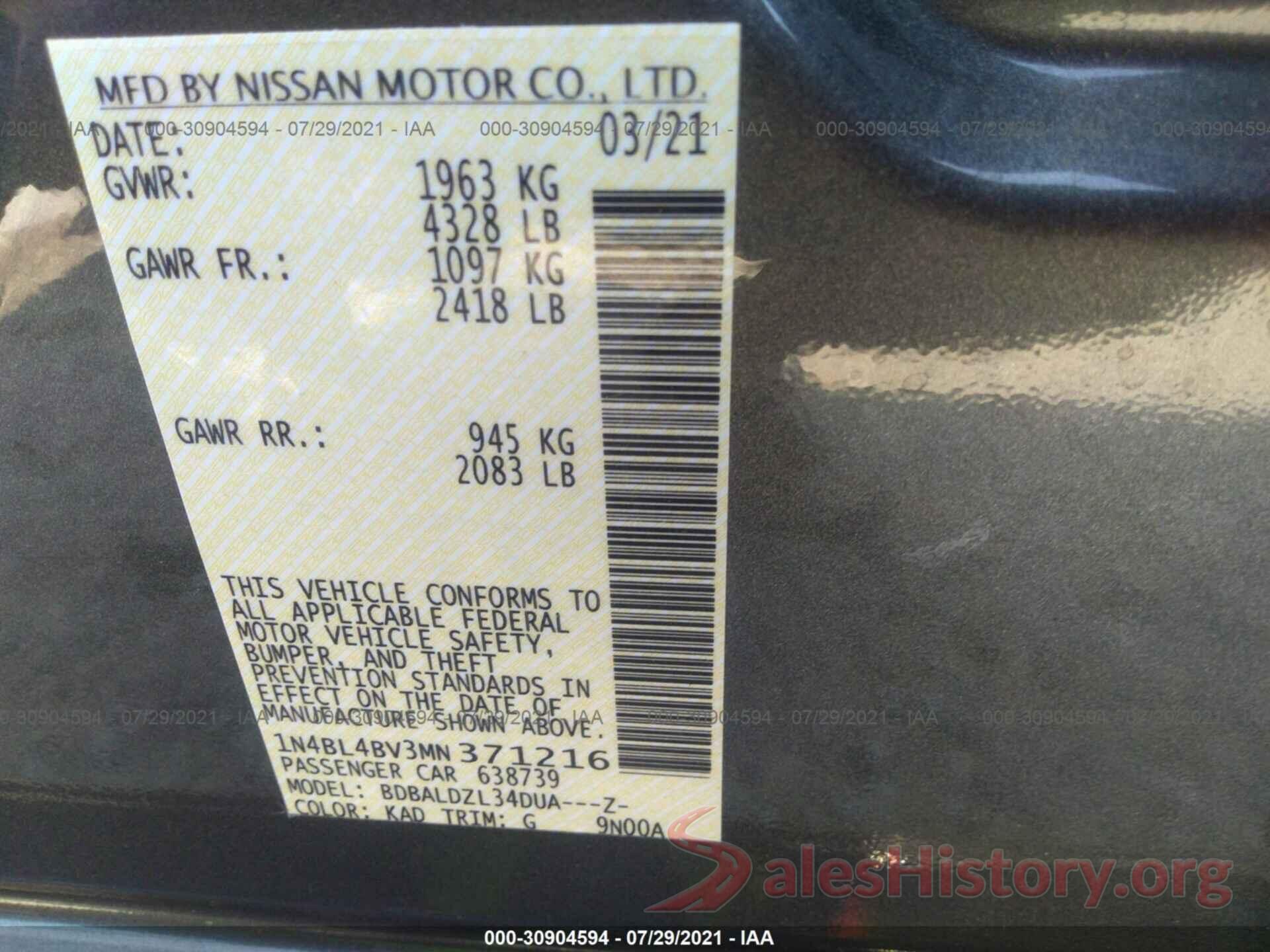 1N4BL4BV3MN371216 2021 NISSAN ALTIMA