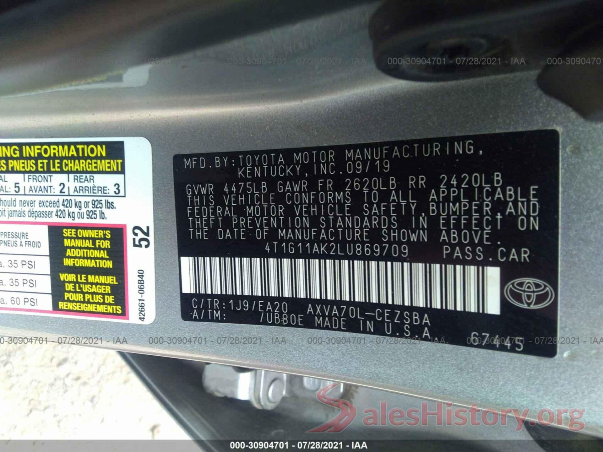 4T1G11AK2LU869709 2020 TOYOTA CAMRY