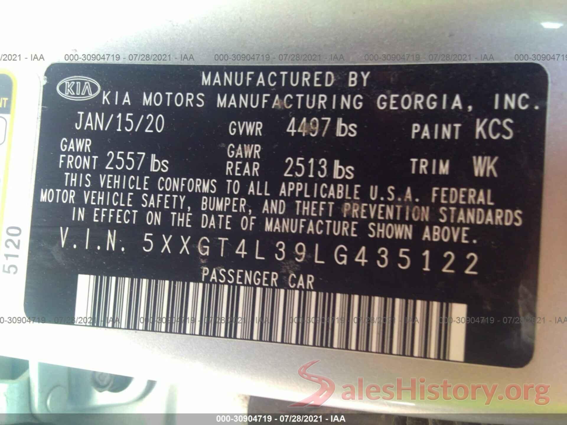 5XXGT4L39LG435122 2020 KIA OPTIMA