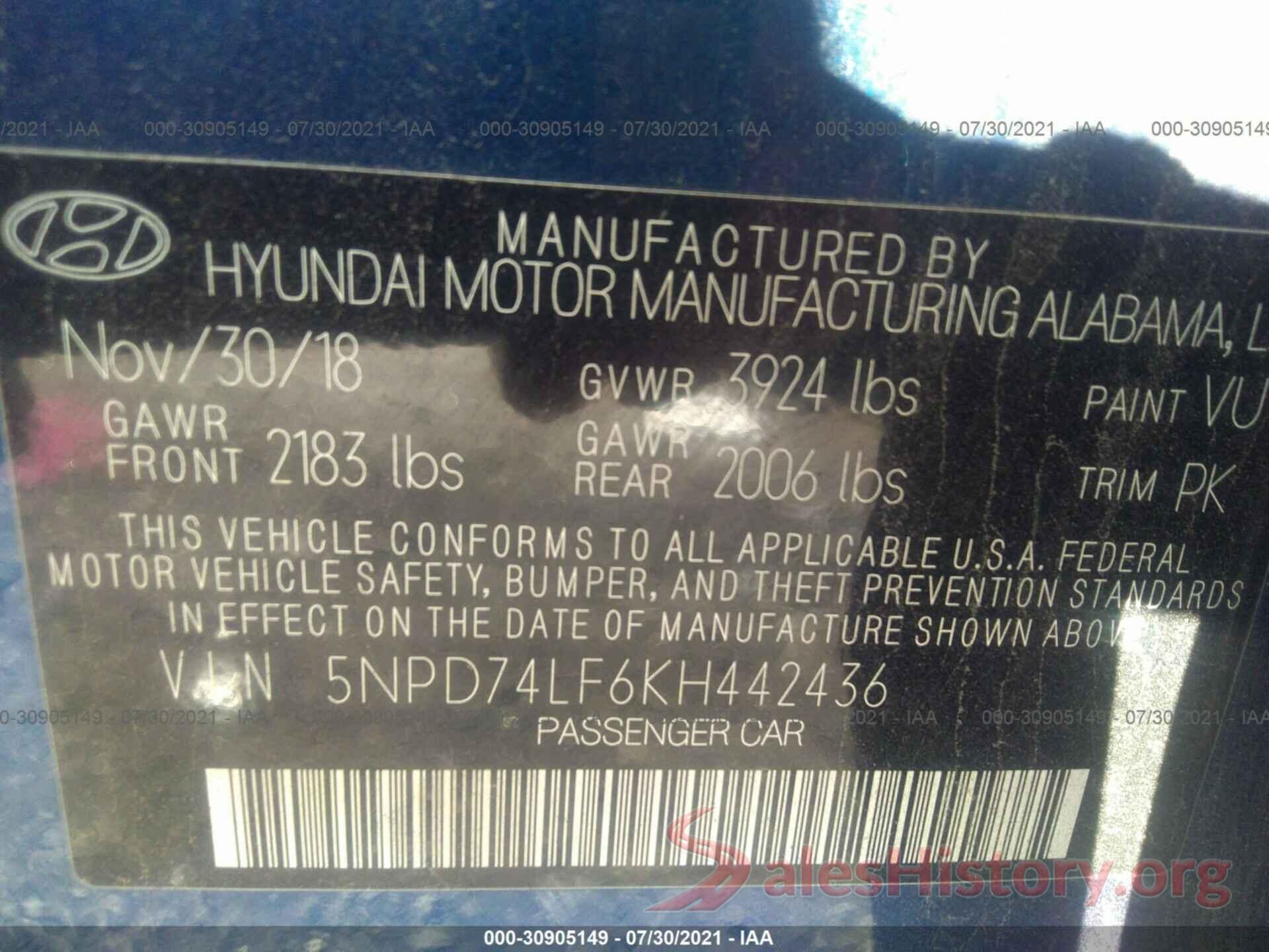 5NPD74LF6KH442436 2019 HYUNDAI ELANTRA