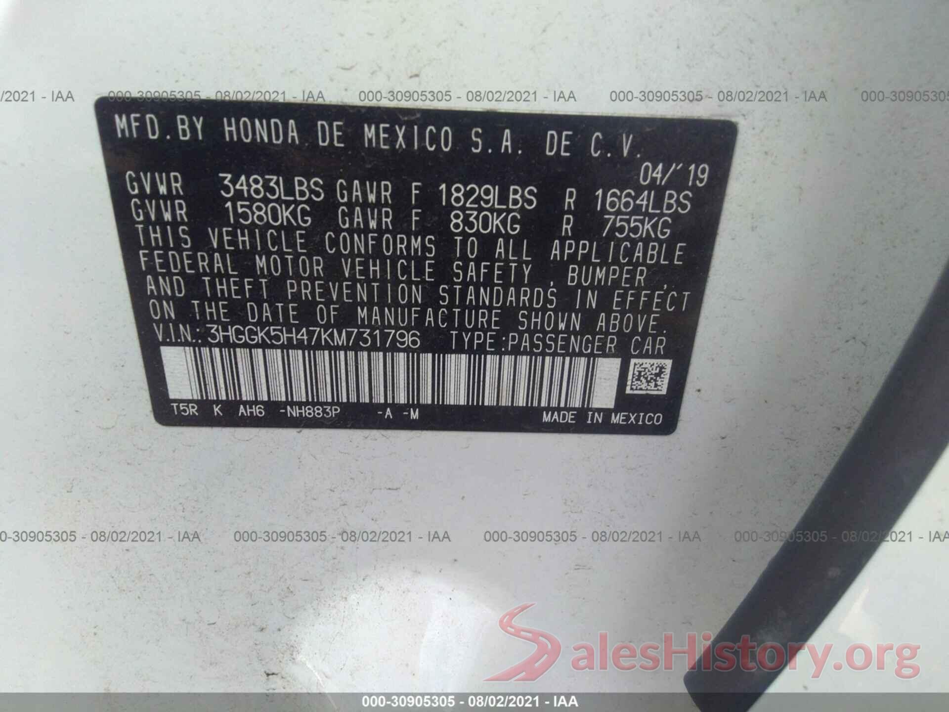 3HGGK5H47KM731796 2019 HONDA FIT