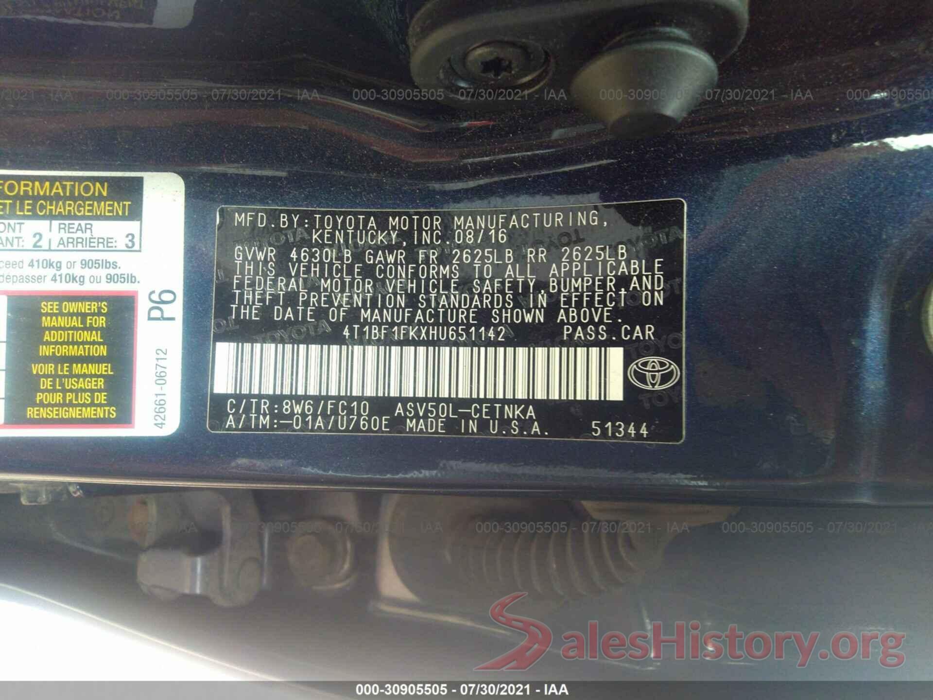 4T1BF1FKXHU651142 2017 TOYOTA CAMRY