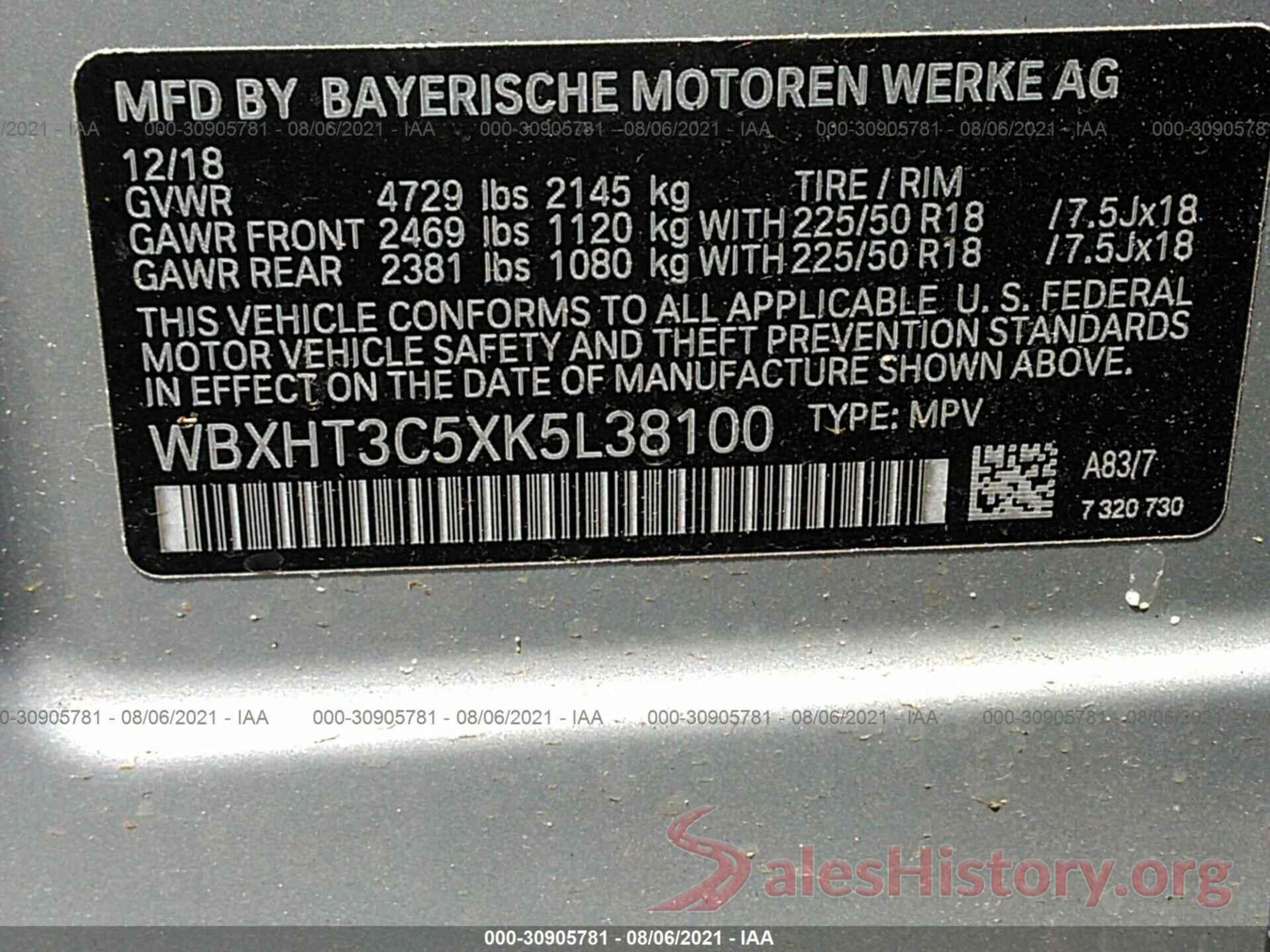 WBXHT3C5XK5L38100 2019 BMW X1