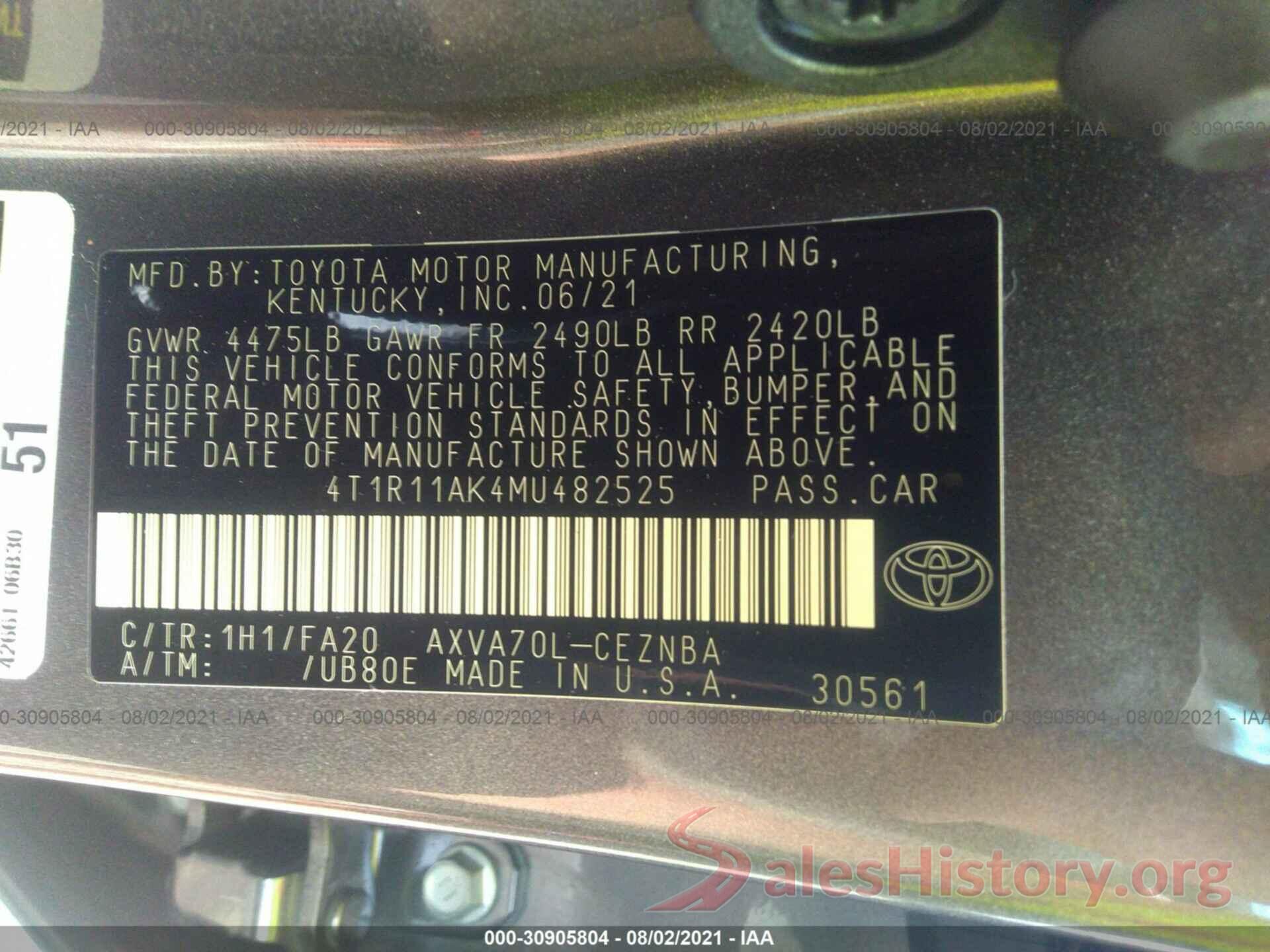 4T1R11AK4MU482525 2021 TOYOTA CAMRY