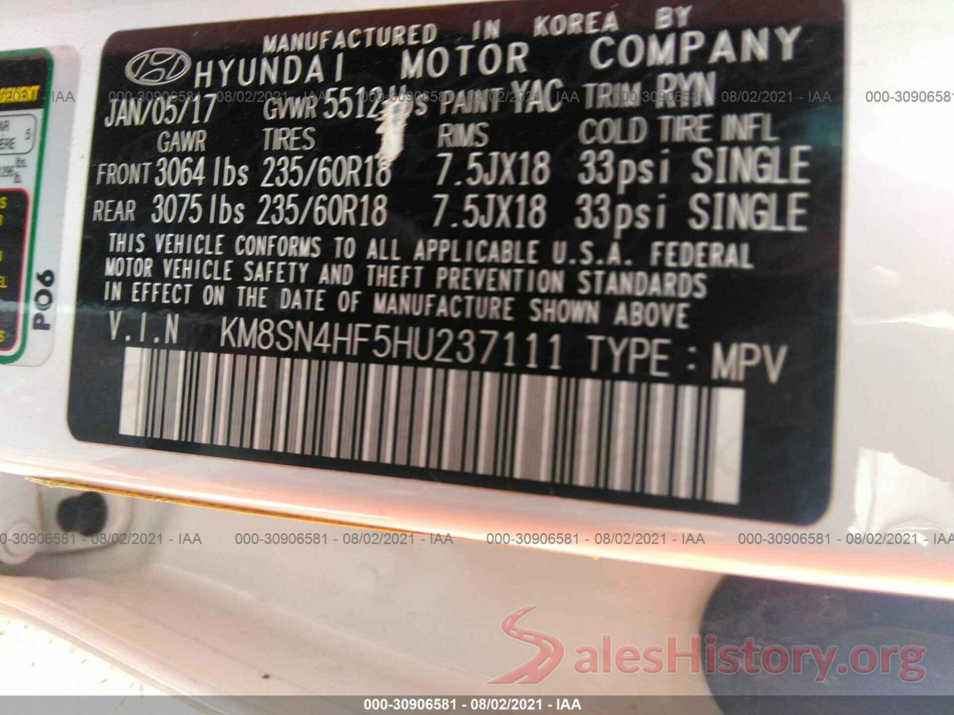 KM8SN4HF5HU237111 2017 HYUNDAI SANTA FE