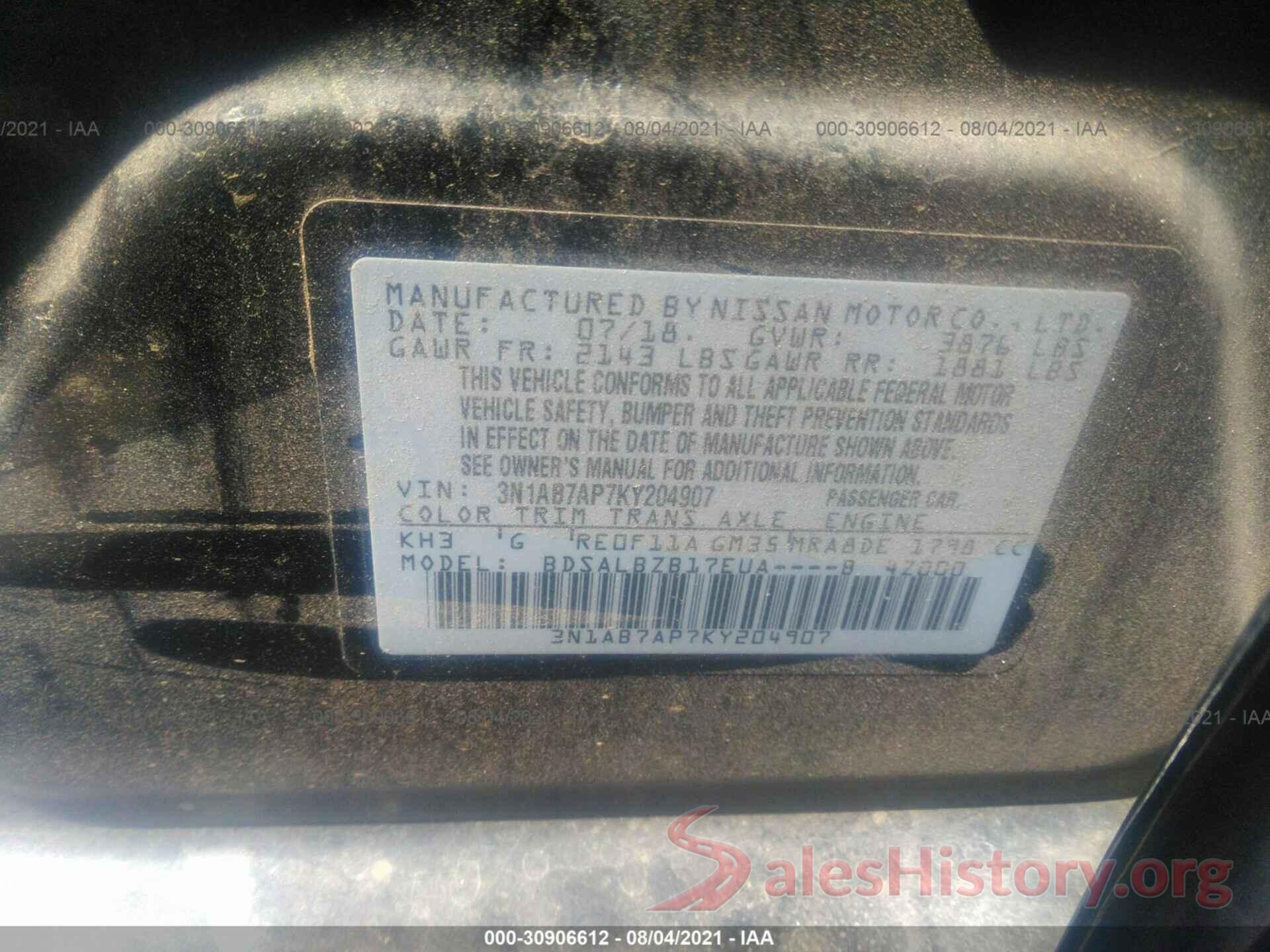 3N1AB7AP7KY204907 2019 NISSAN SENTRA