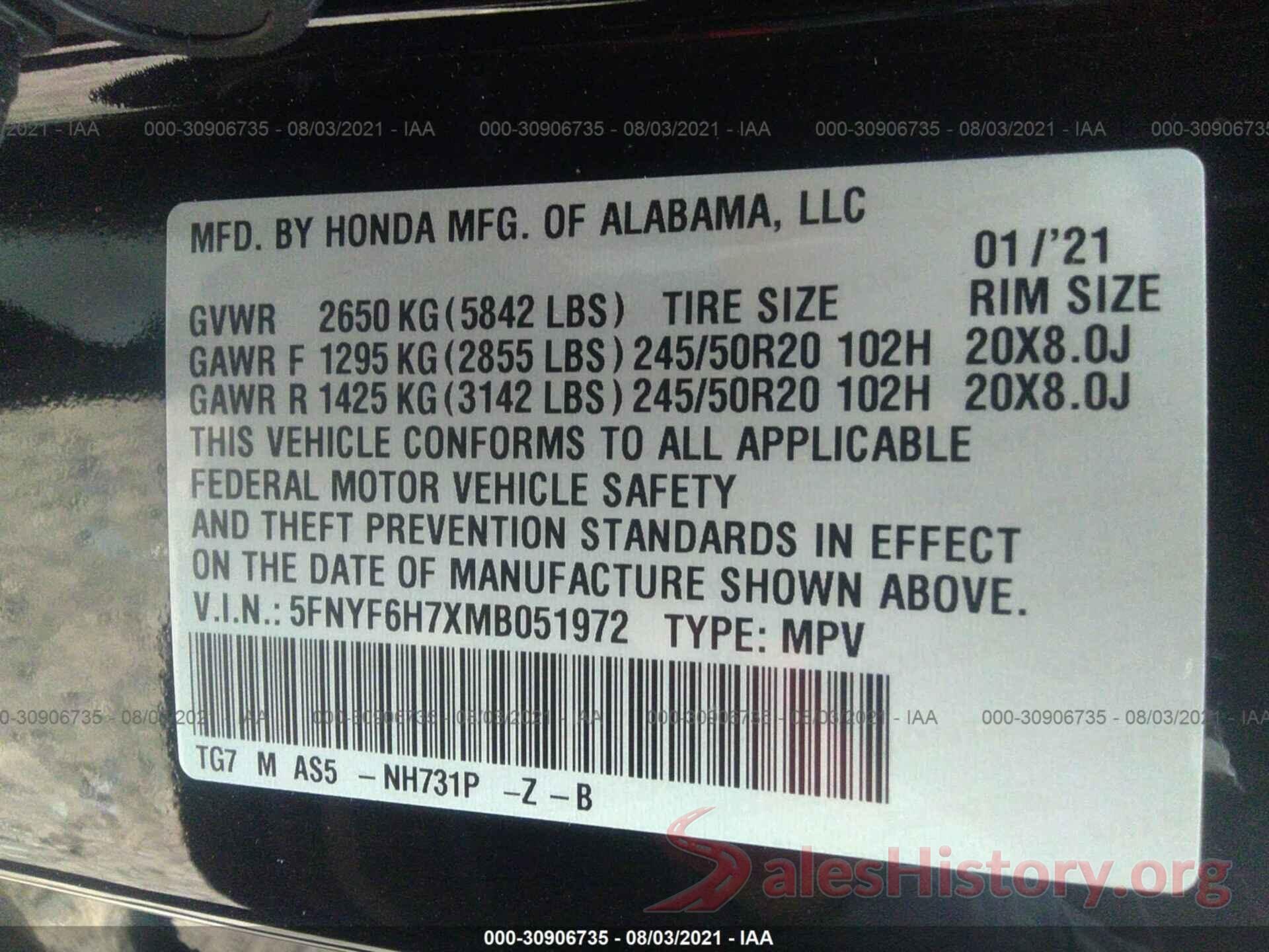 5FNYF6H7XMB051972 2021 HONDA PILOT