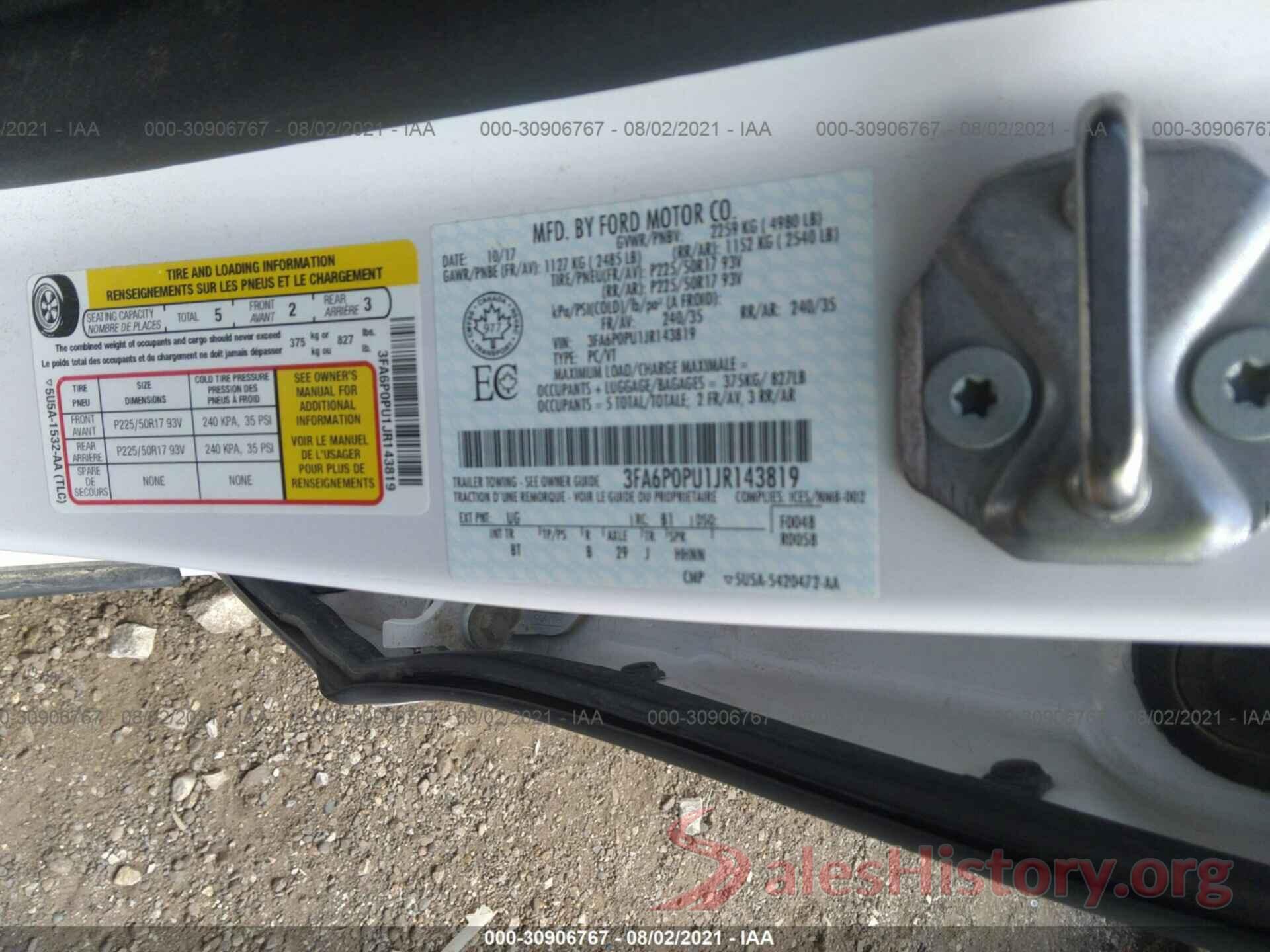 3FA6P0PU1JR143819 2018 FORD FUSION ENERGI