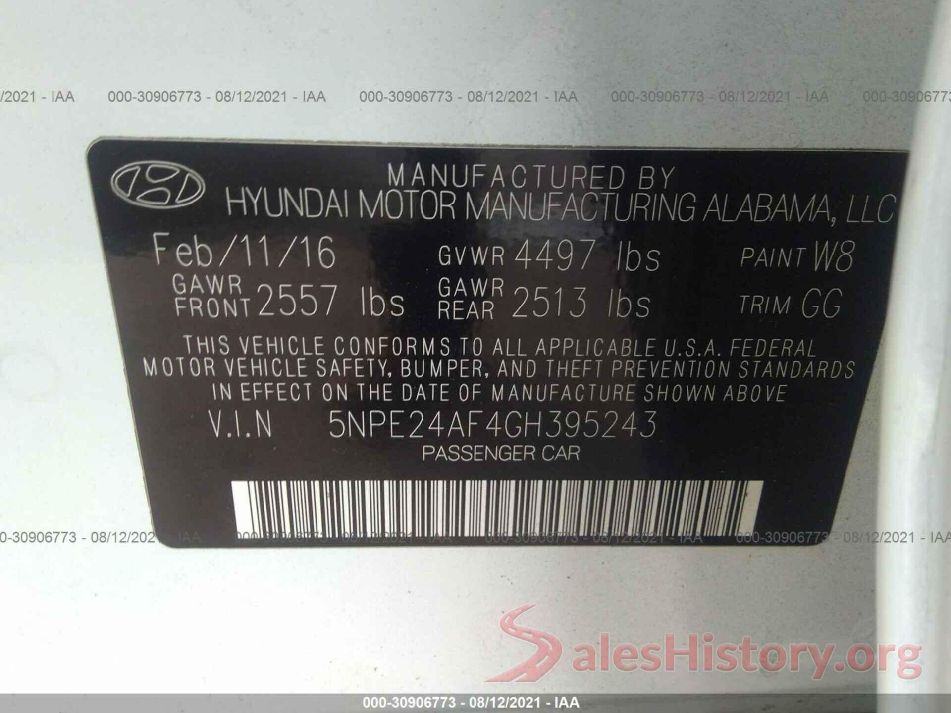 5NPE24AF4GH395243 2016 HYUNDAI SONATA