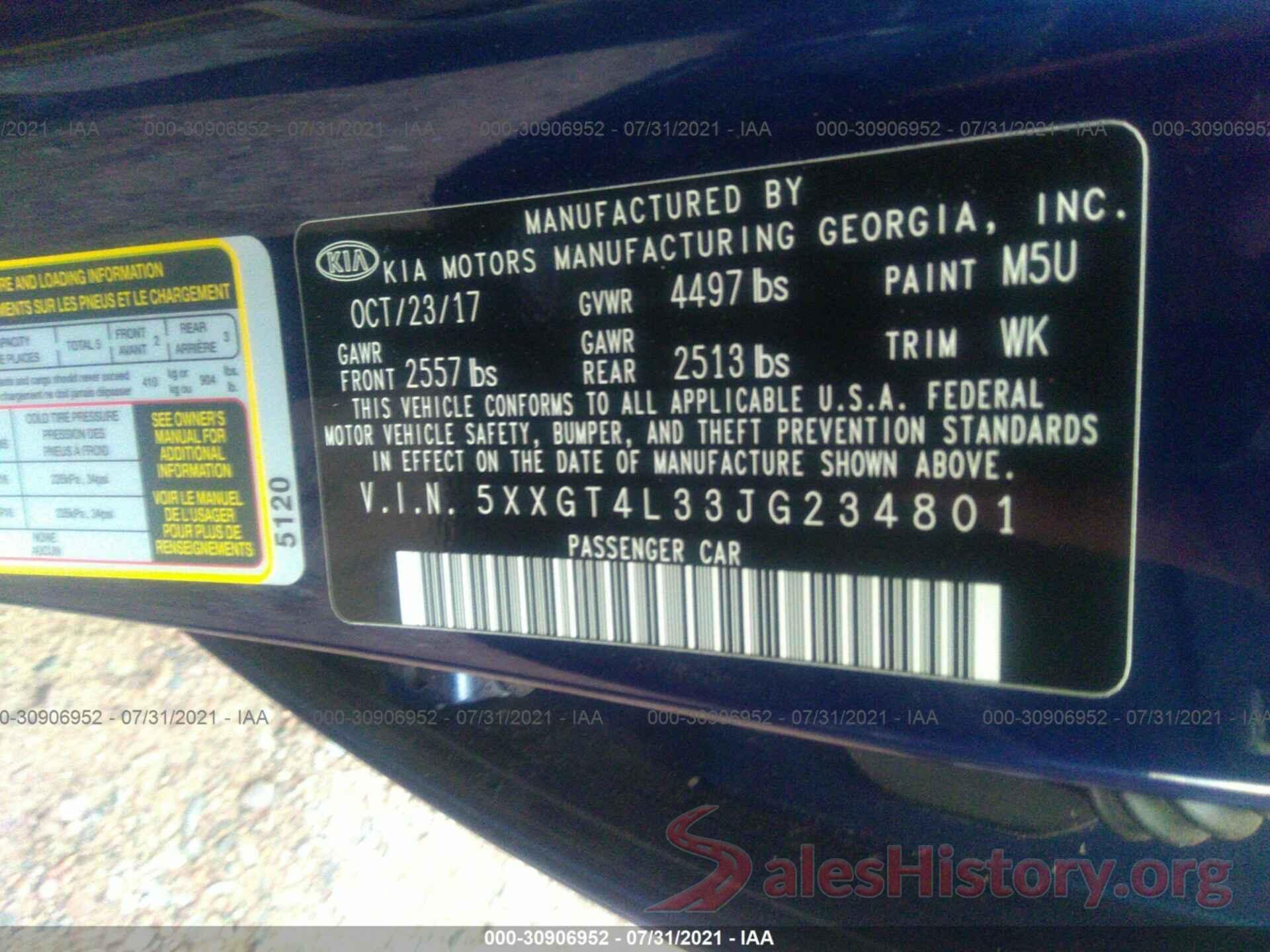 5XXGT4L33JG234801 2018 KIA OPTIMA