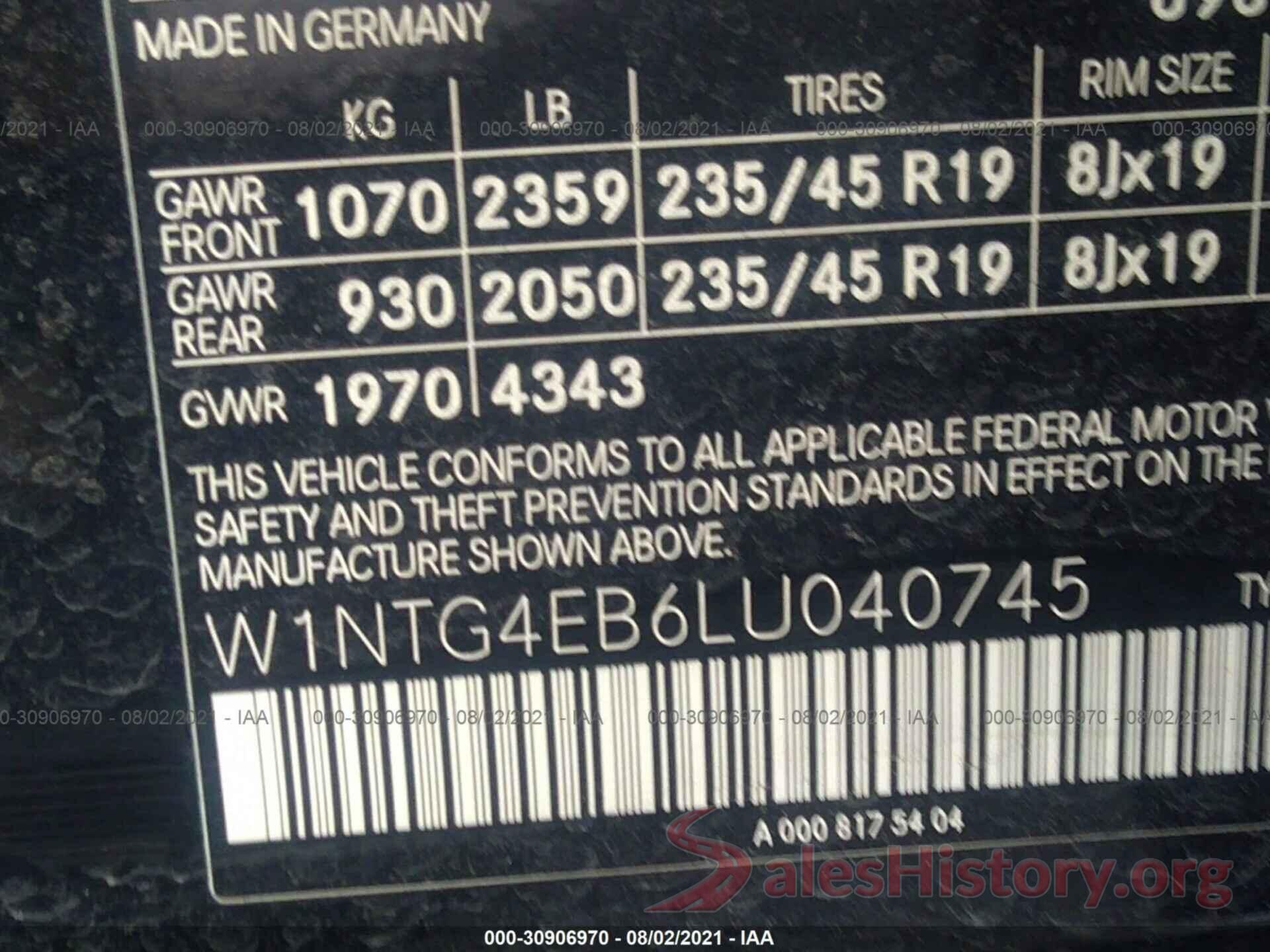 W1NTG4EB6LU040745 2020 MERCEDES-BENZ GLA