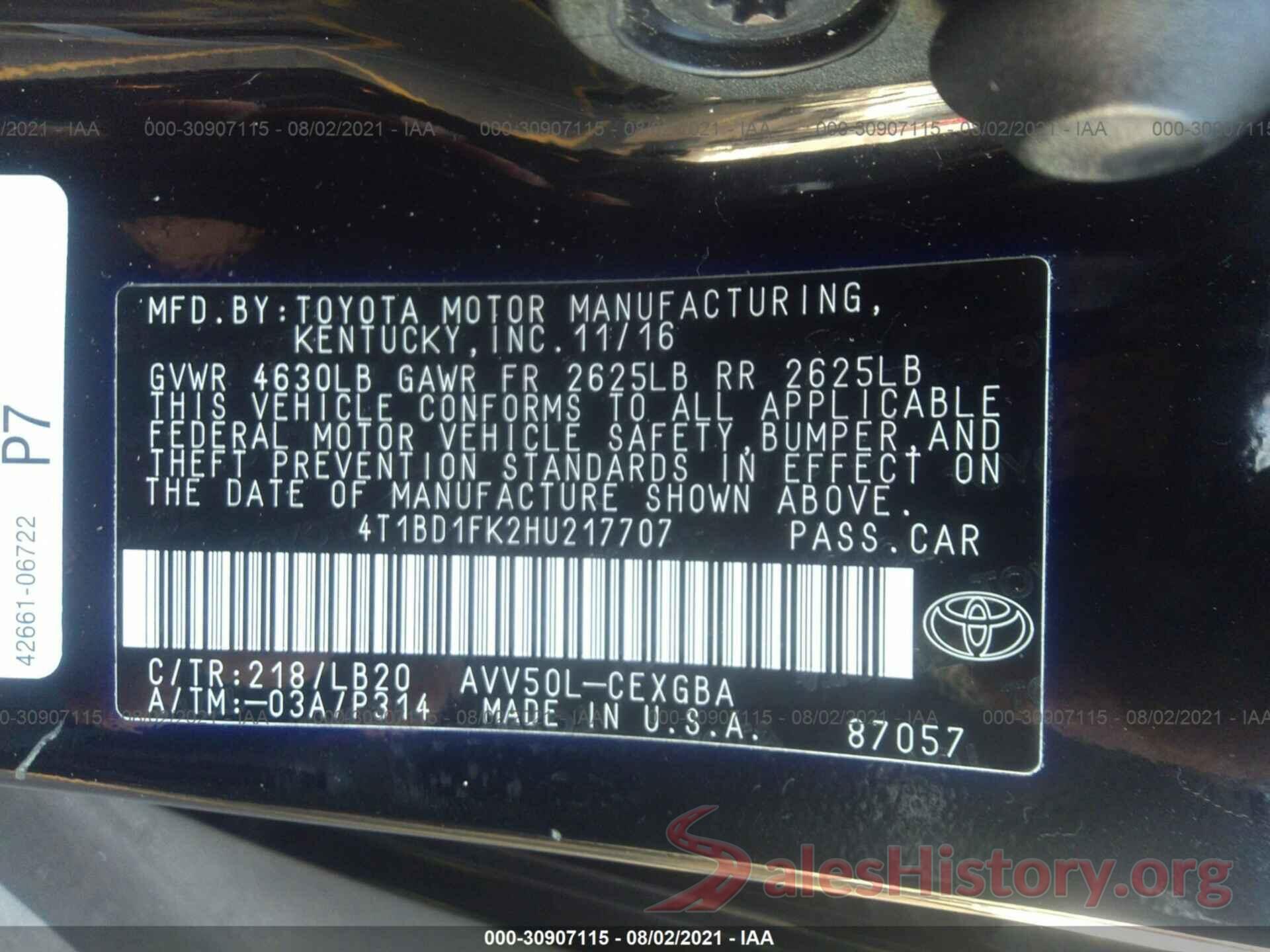 4T1BD1FK2HU217707 2017 TOYOTA CAMRY