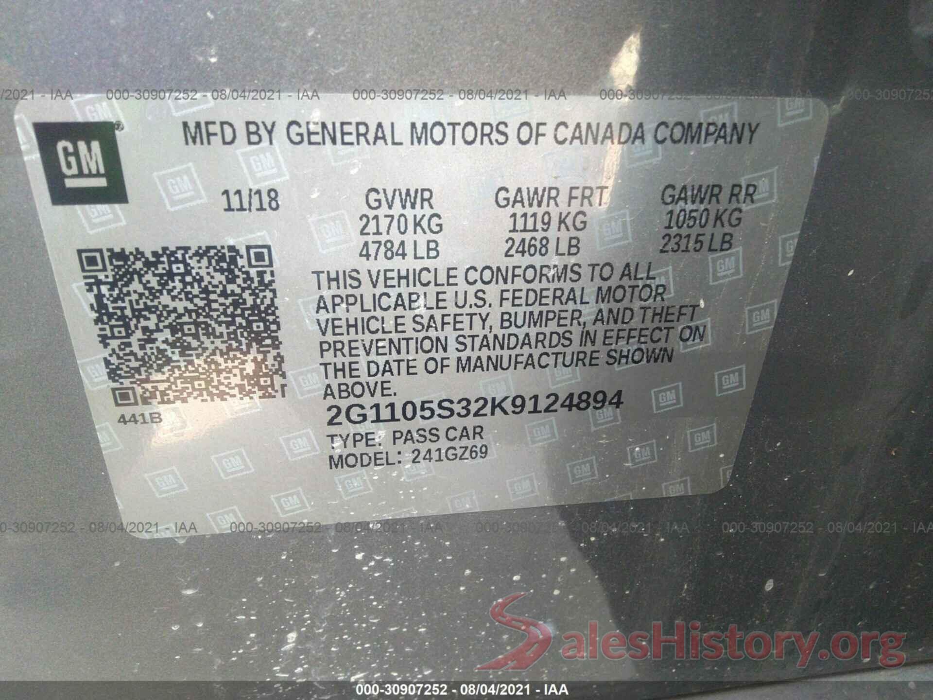 2G1105S32K9124894 2019 CHEVROLET IMPALA