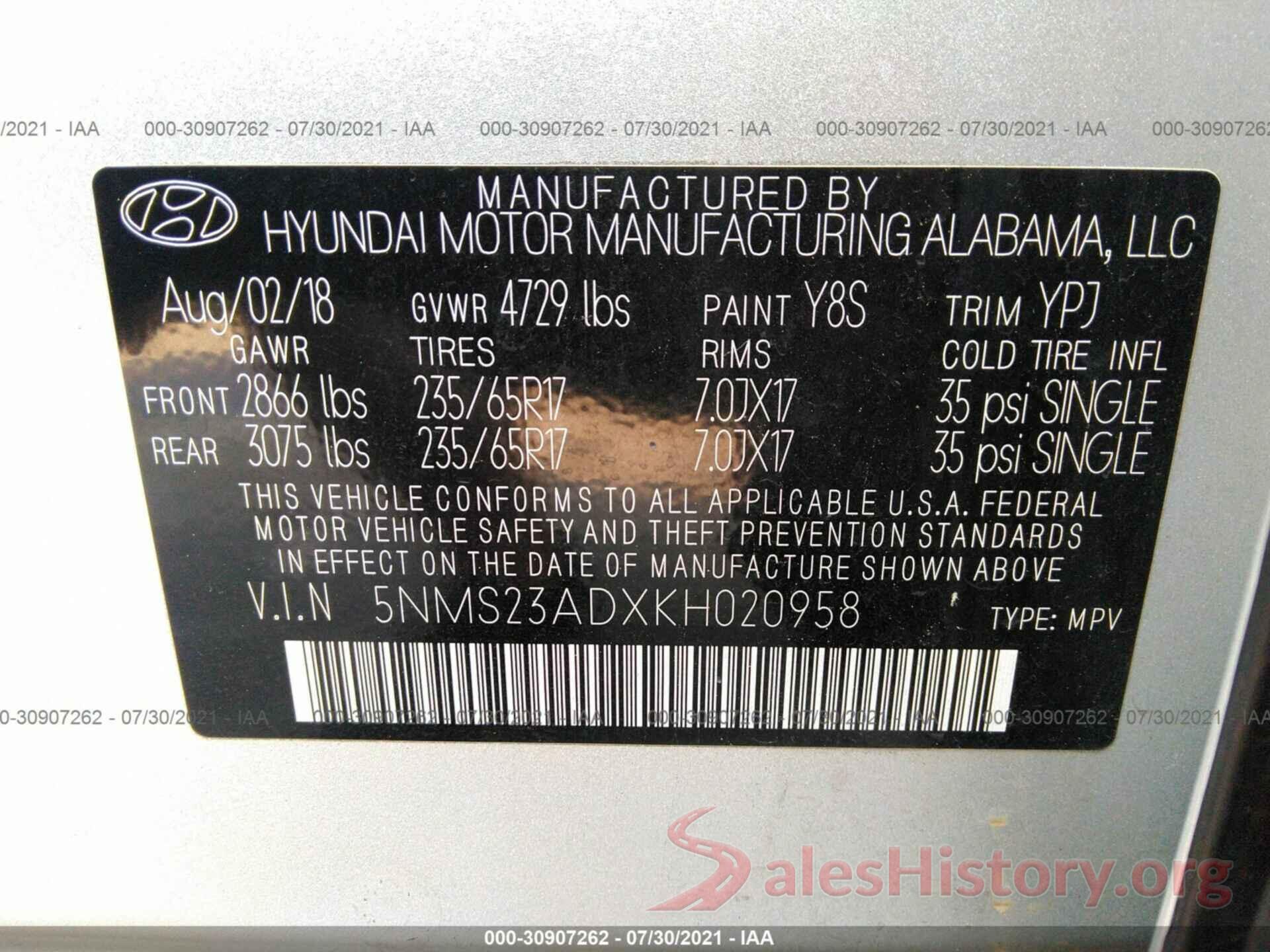 5NMS23ADXKH020958 2019 HYUNDAI SANTA FE