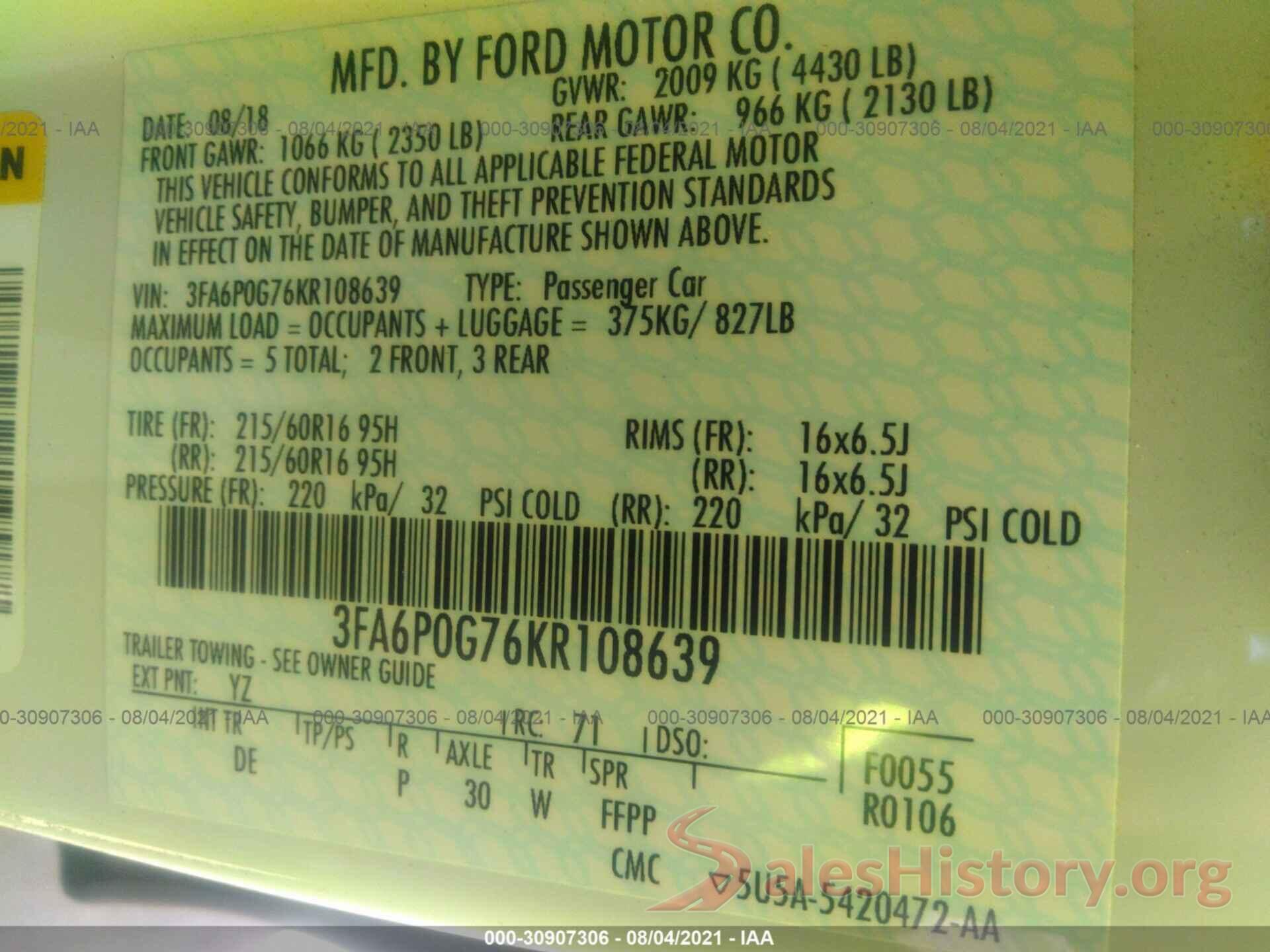 3FA6P0G76KR108639 2019 FORD FUSION