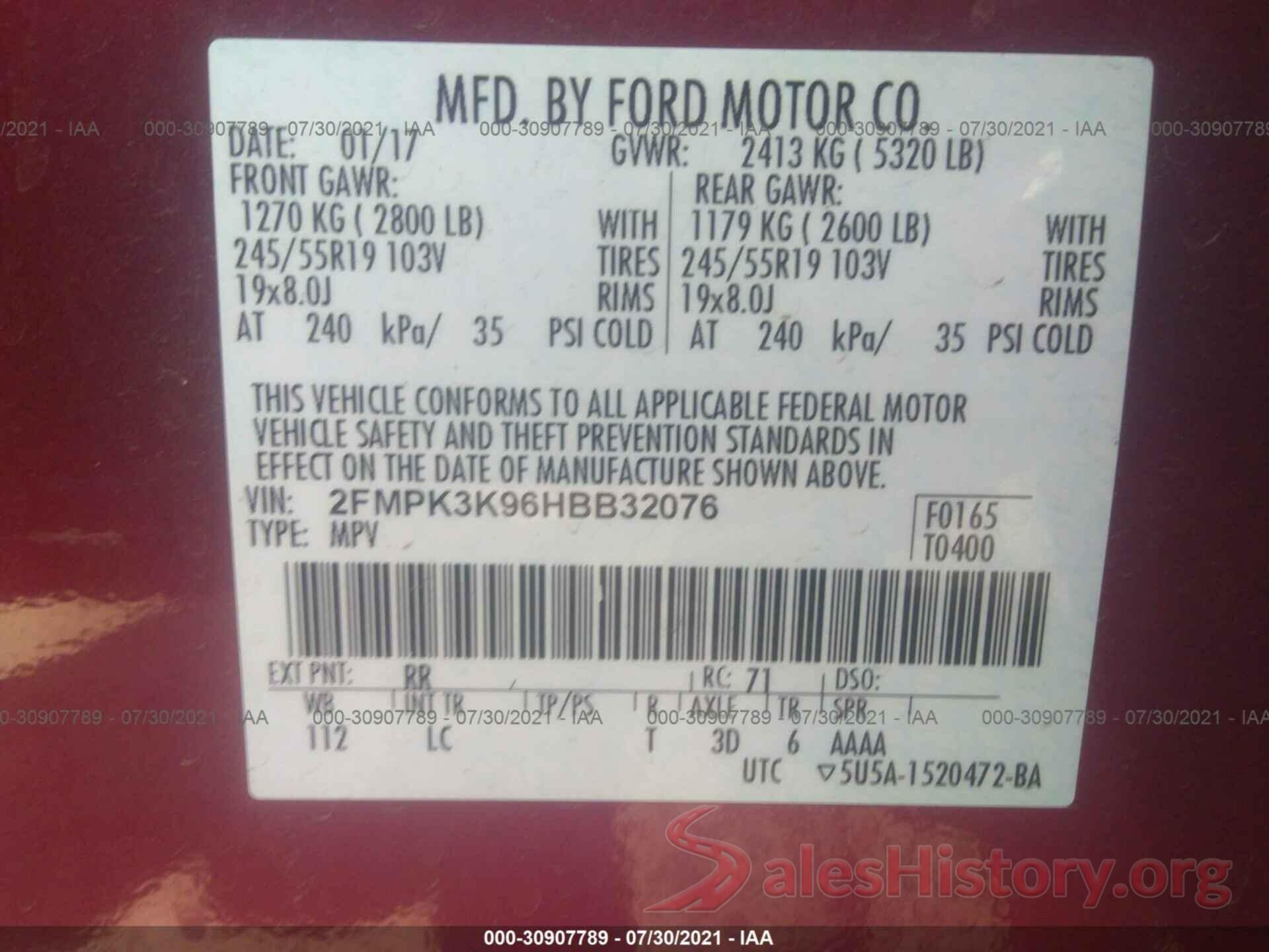 2FMPK3K96HBB32076 2017 FORD EDGE