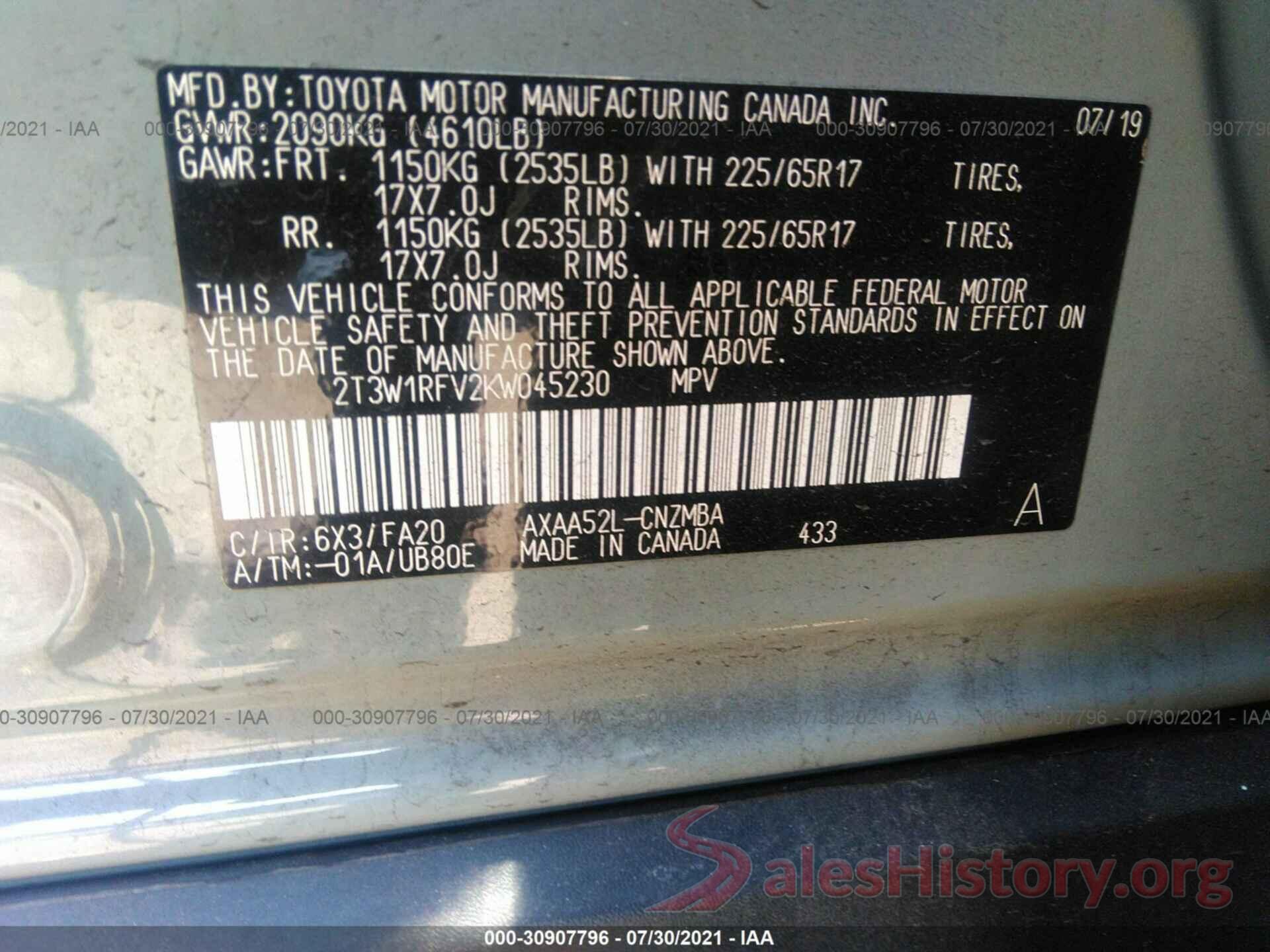 2T3W1RFV2KW045230 2019 TOYOTA RAV4