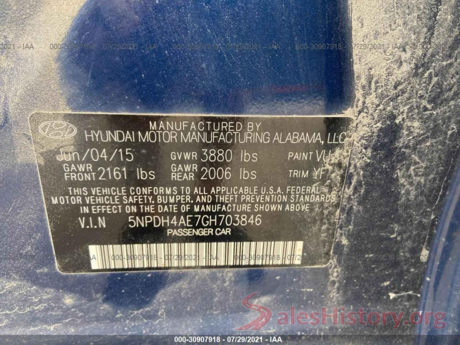 5NPDH4AE7GH703846 2016 HYUNDAI ELANTRA