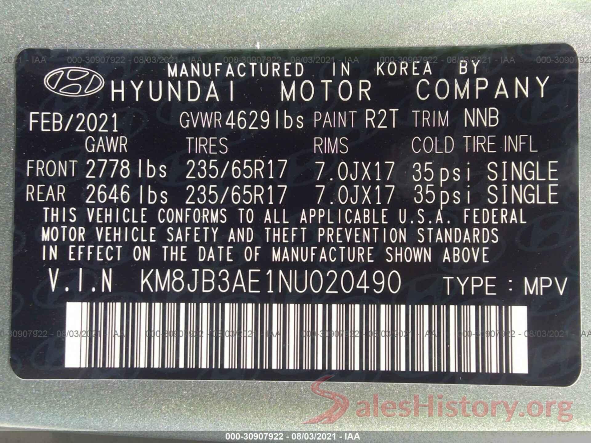 KM8JB3AE1NU020490 2022 HYUNDAI TUCSON