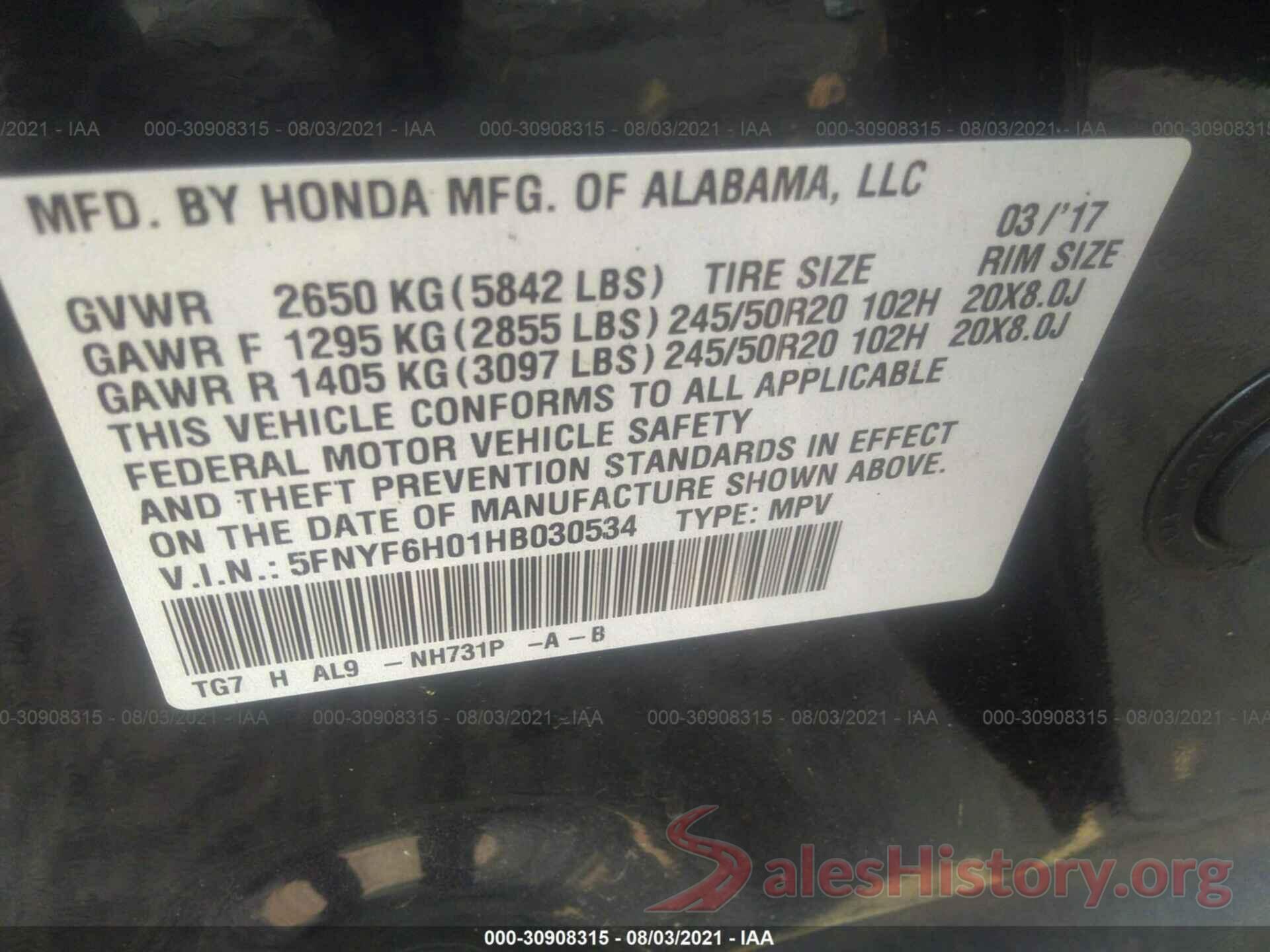 5FNYF6H01HB030534 2017 HONDA PILOT