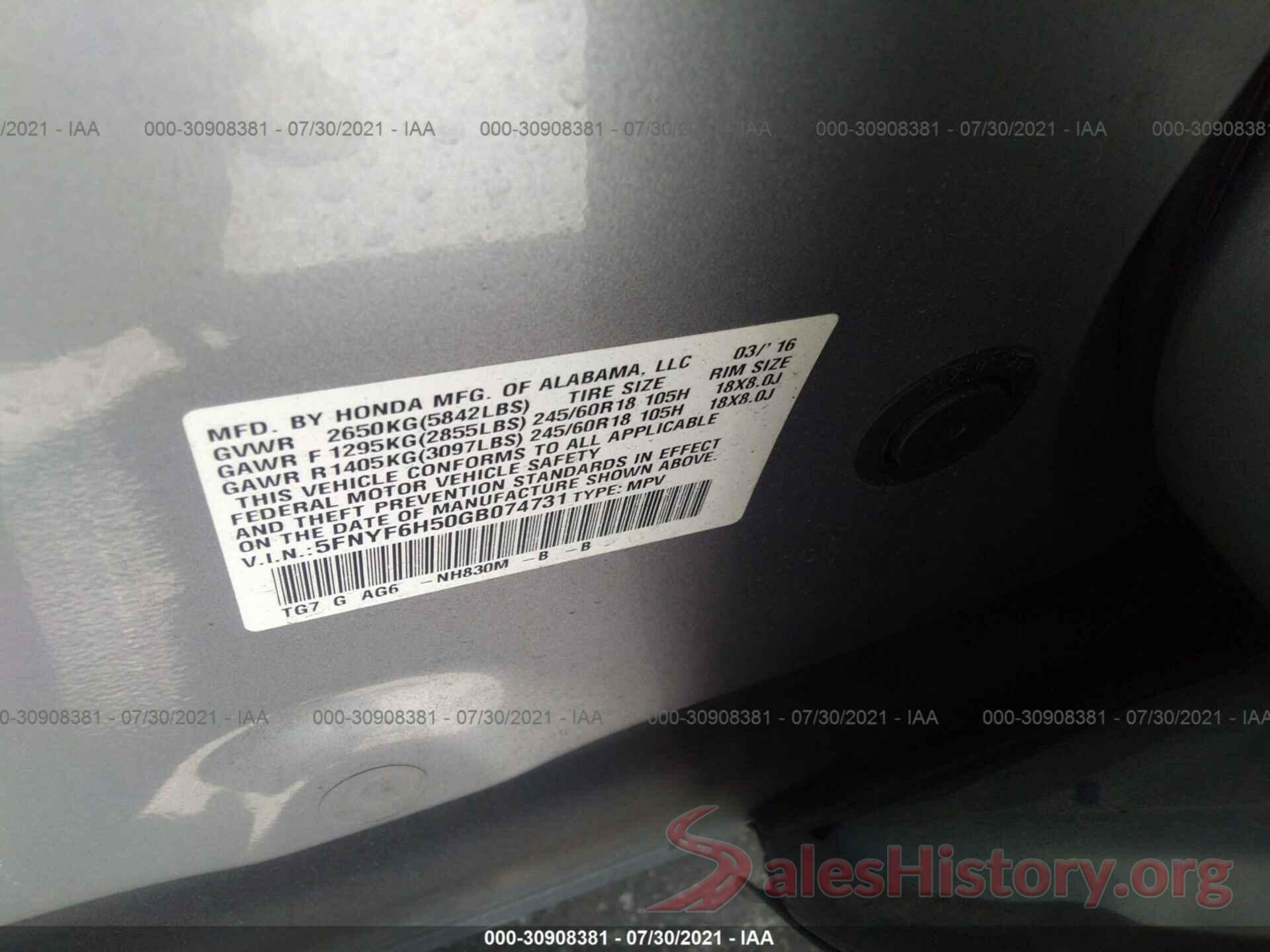 5FNYF6H50GB074731 2016 HONDA PILOT