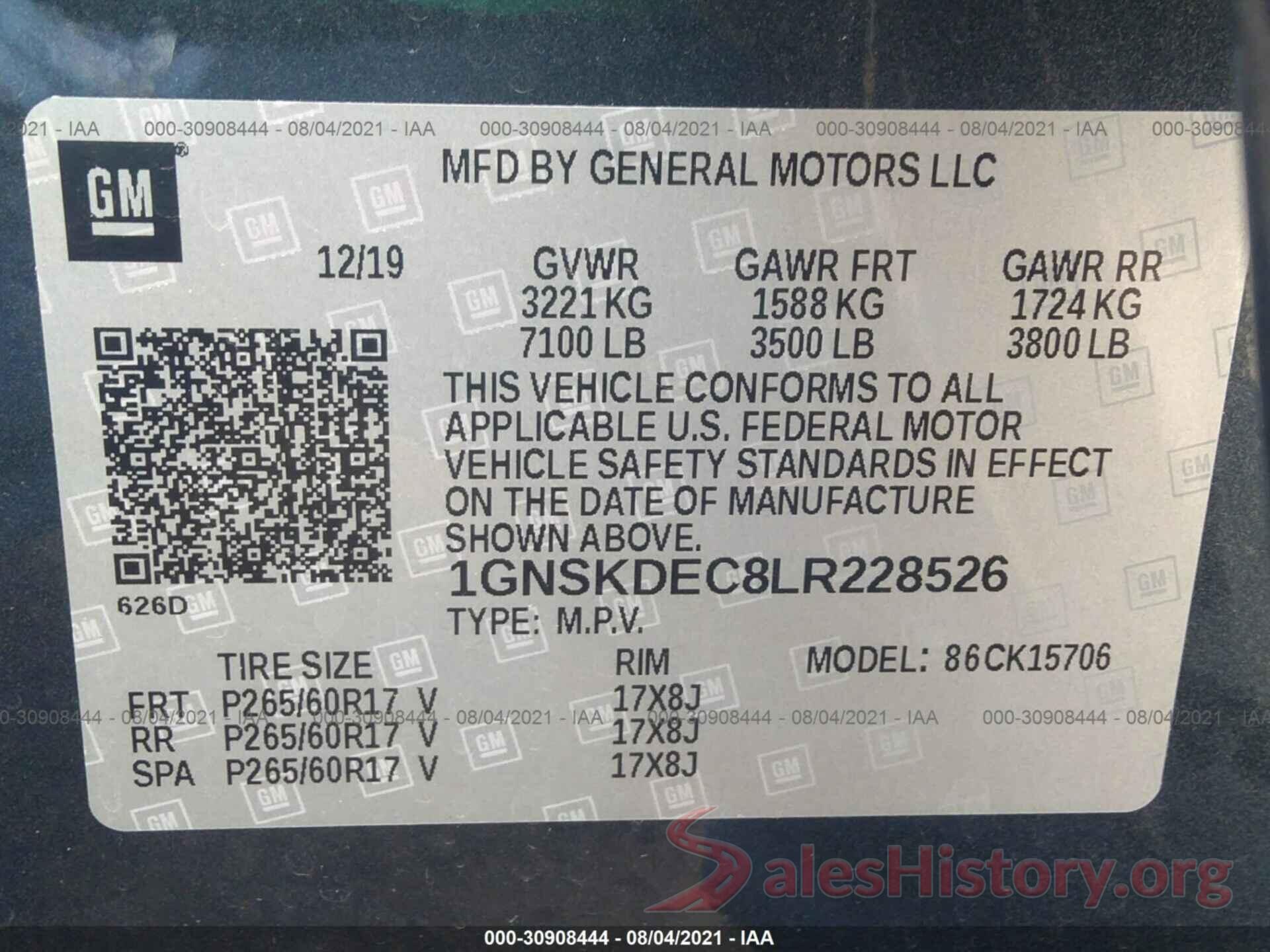 1GNSKDEC8LR228526 2020 CHEVROLET TAHOE