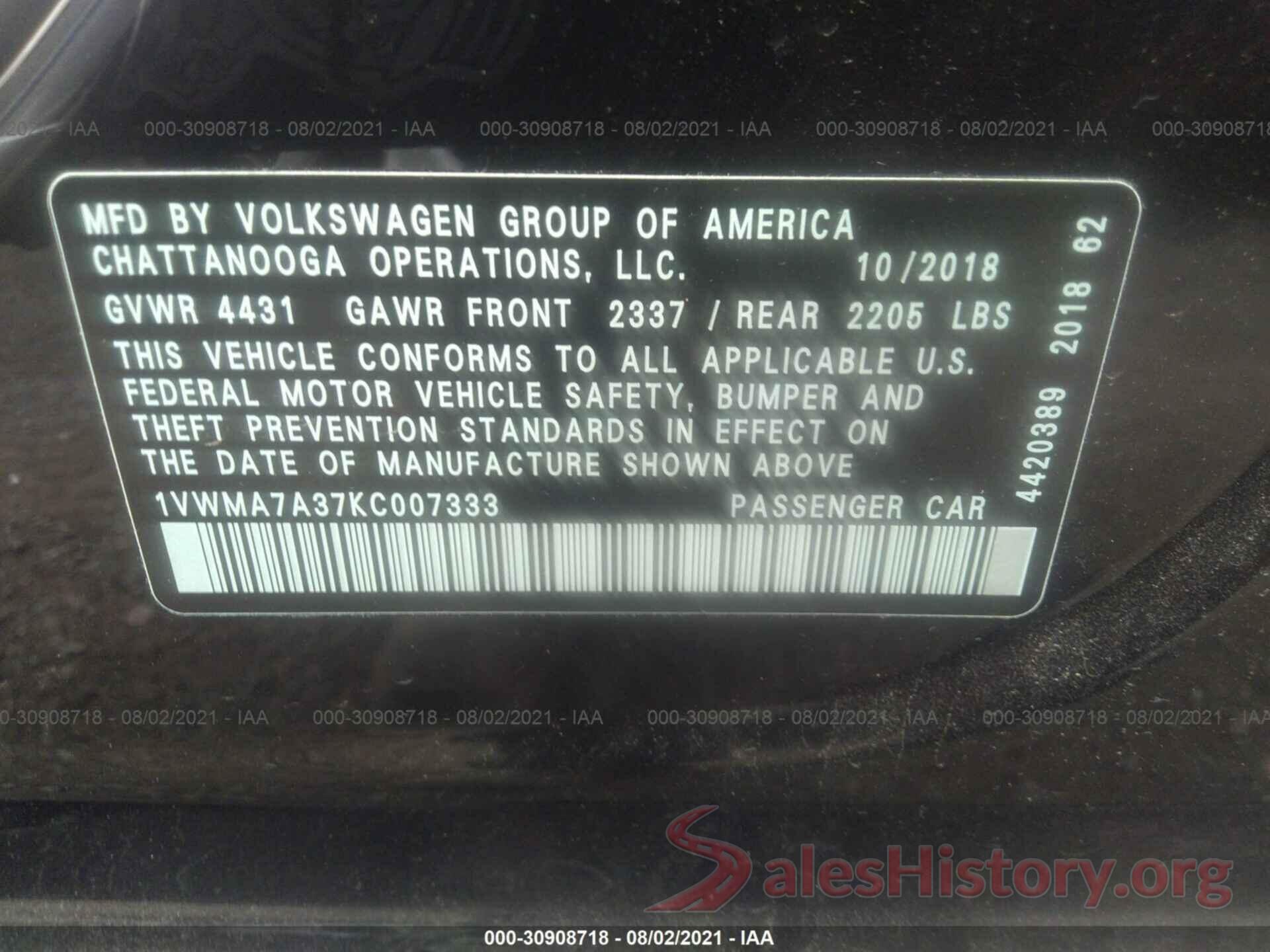 1VWMA7A37KC007333 2019 VOLKSWAGEN PASSAT