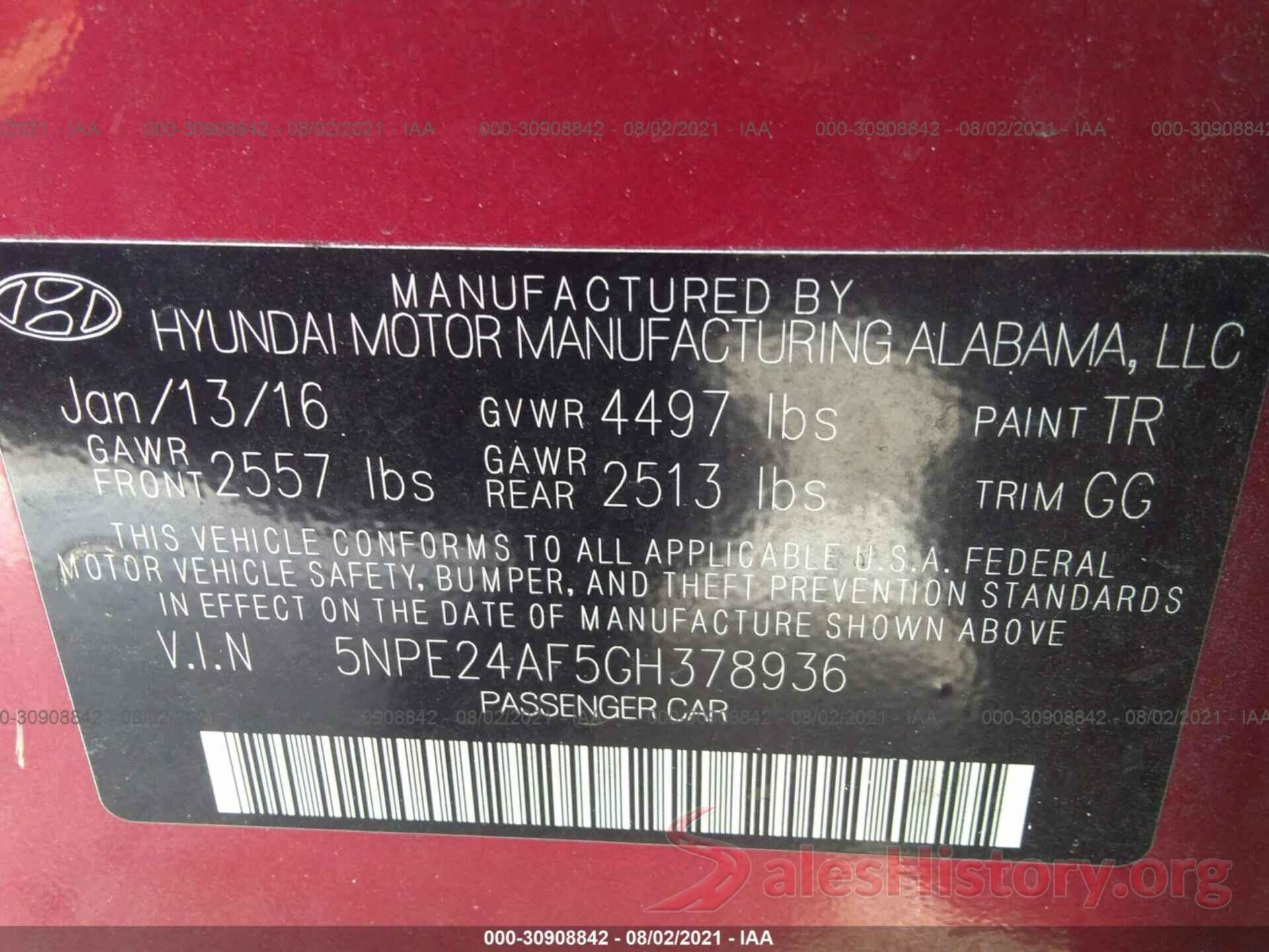 5NPE24AF5GH378936 2016 HYUNDAI SONATA