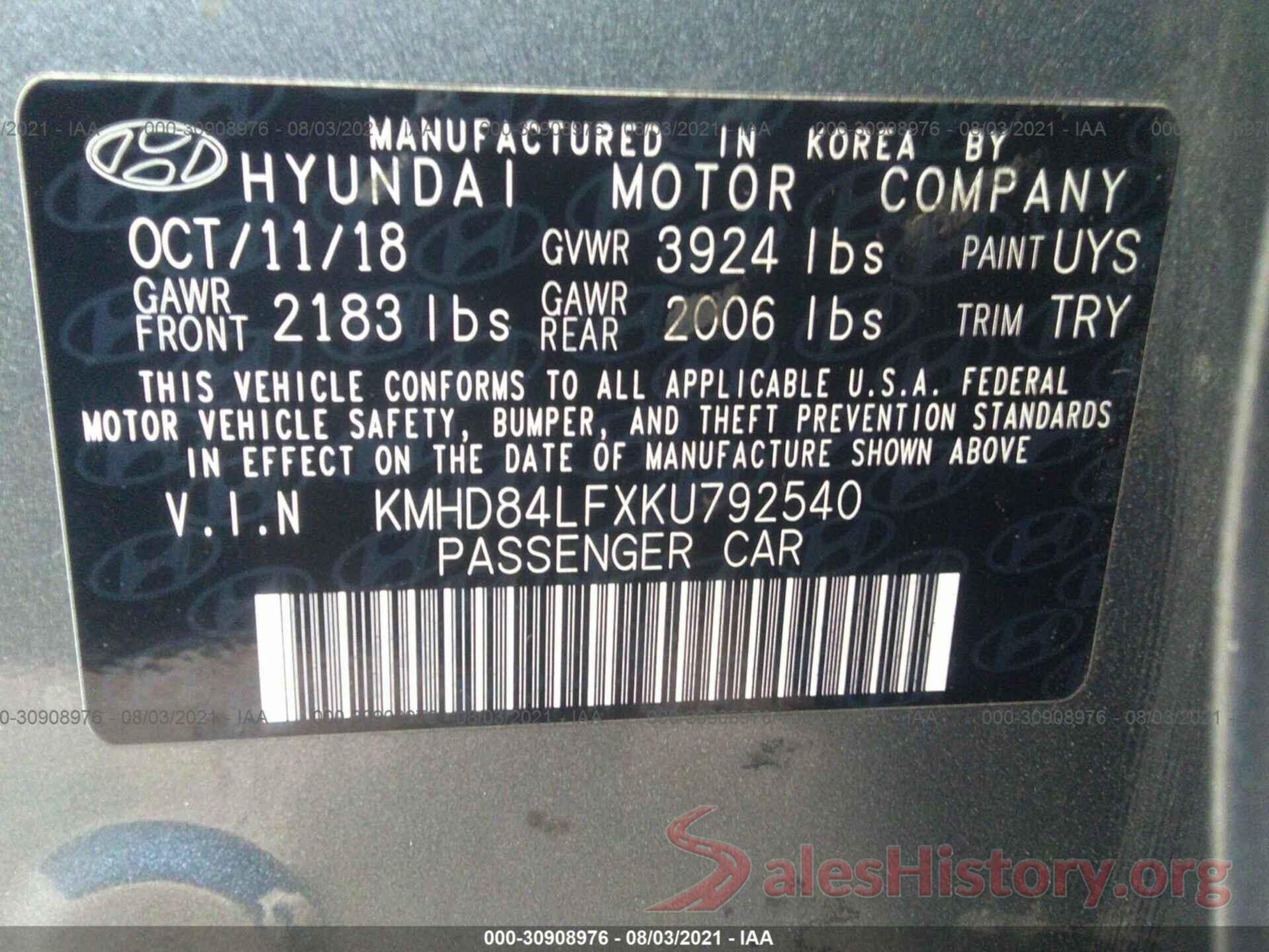 KMHD84LFXKU792540 2019 HYUNDAI ELANTRA