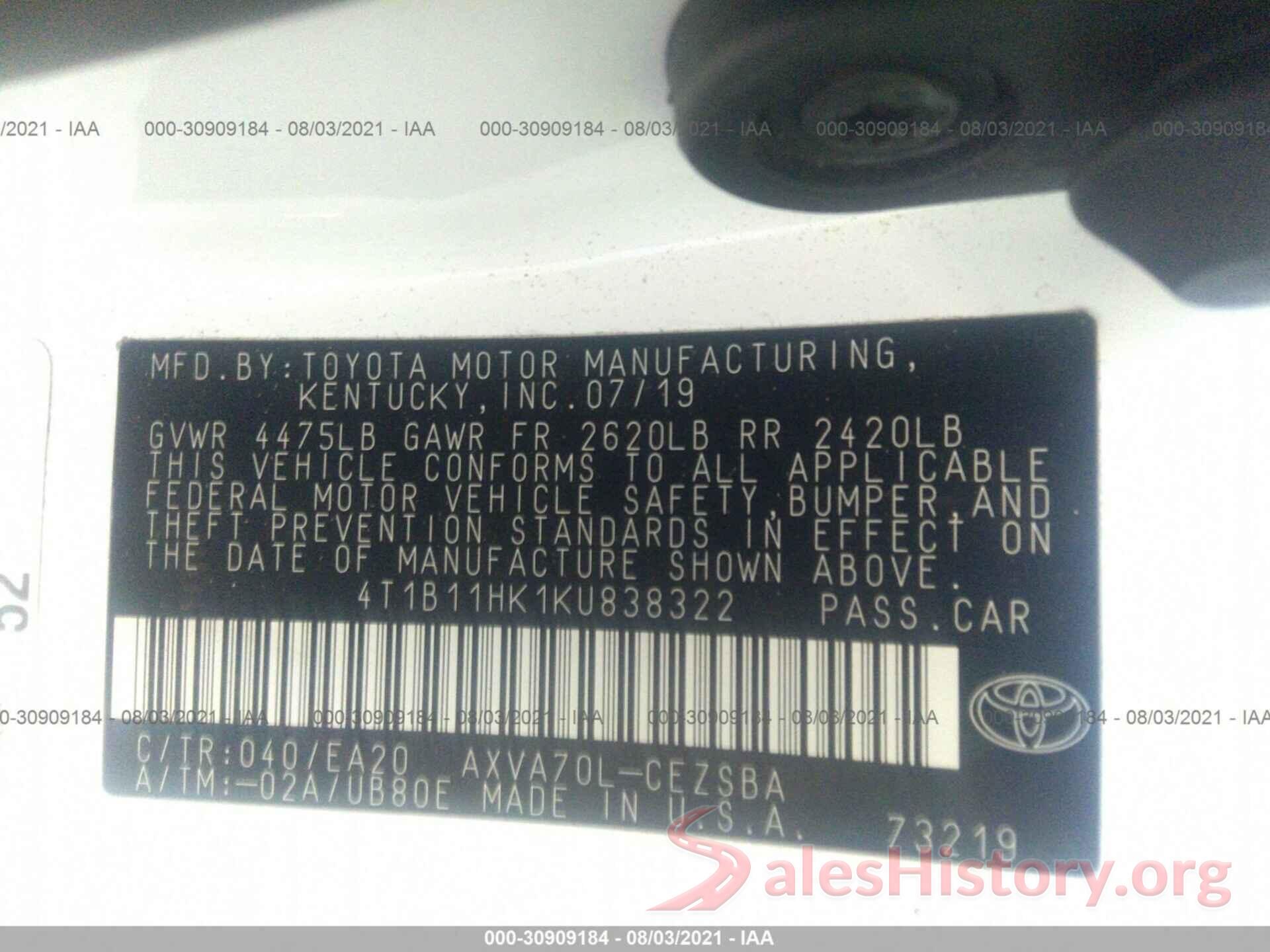 4T1B11HK1KU838322 2019 TOYOTA CAMRY