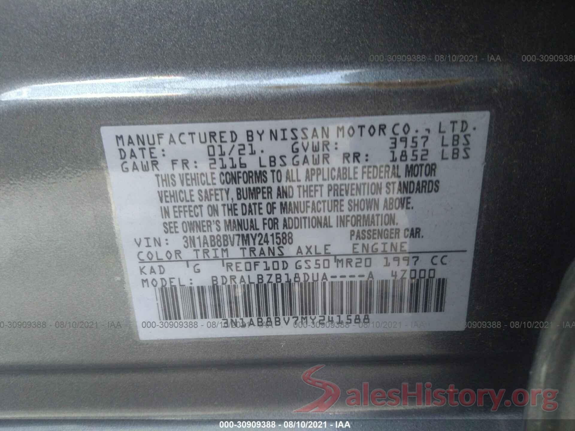 3N1AB8BV7MY241588 2021 NISSAN SENTRA