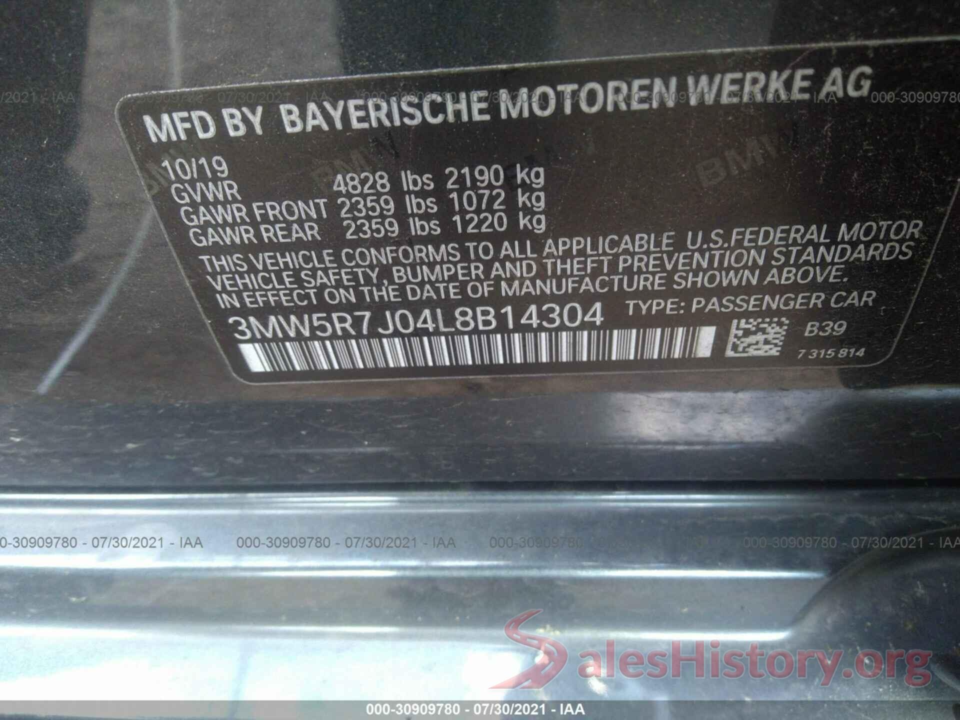 3MW5R7J04L8B14304 2020 BMW 3 SERIES