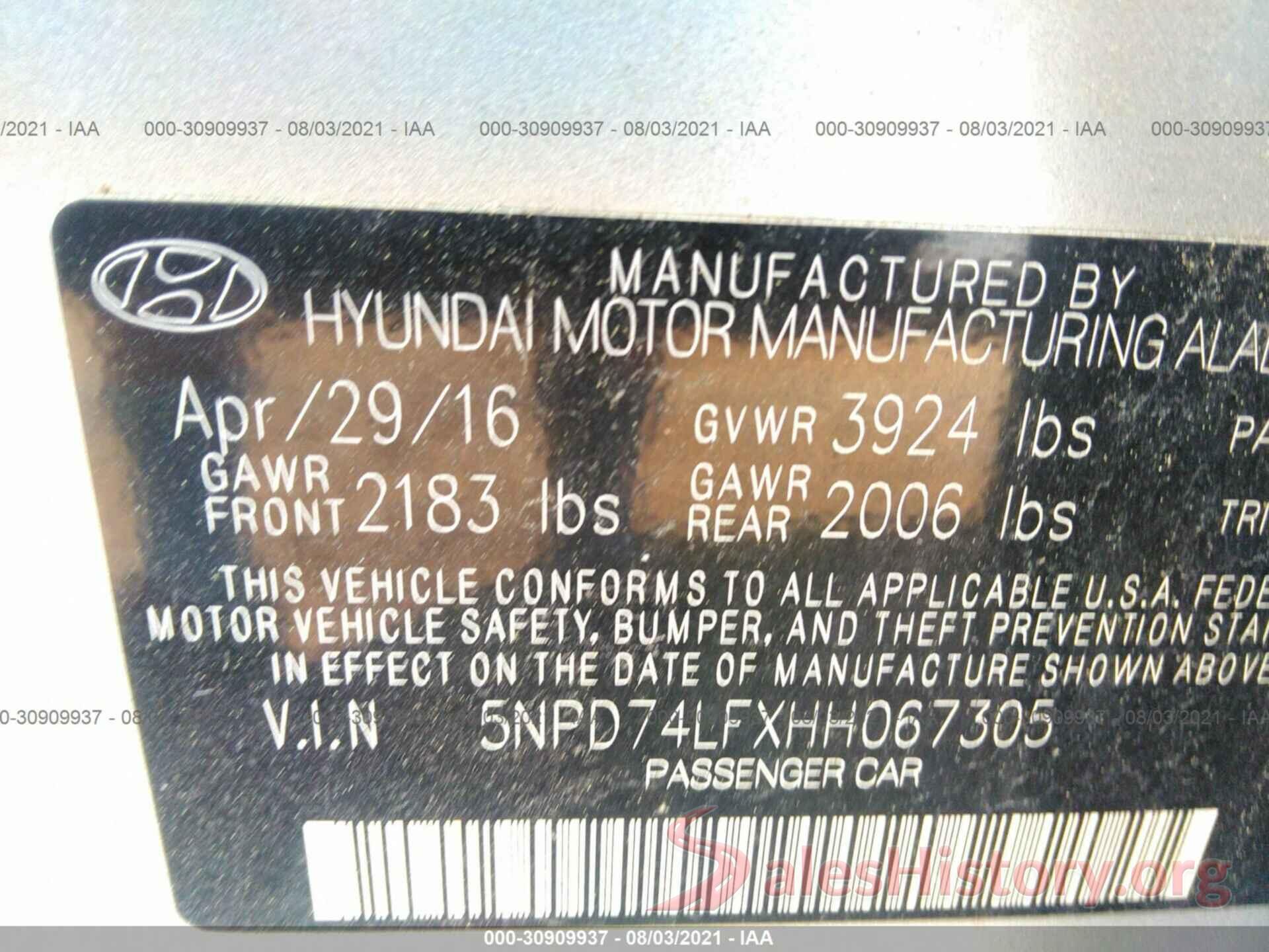 5NPD74LFXHH067305 2017 HYUNDAI ELANTRA