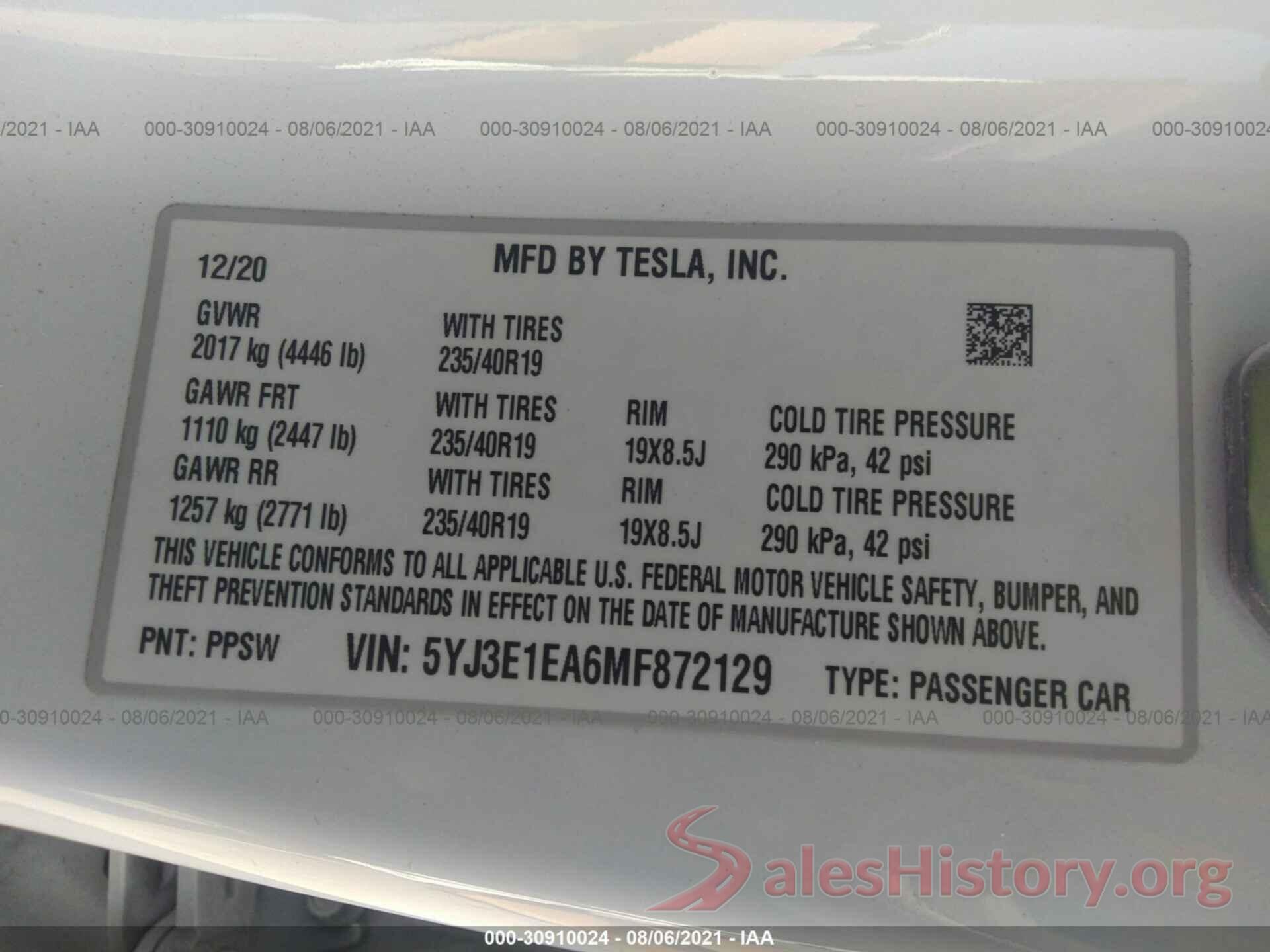 5YJ3E1EA6MF872129 2021 TESLA MODEL 3