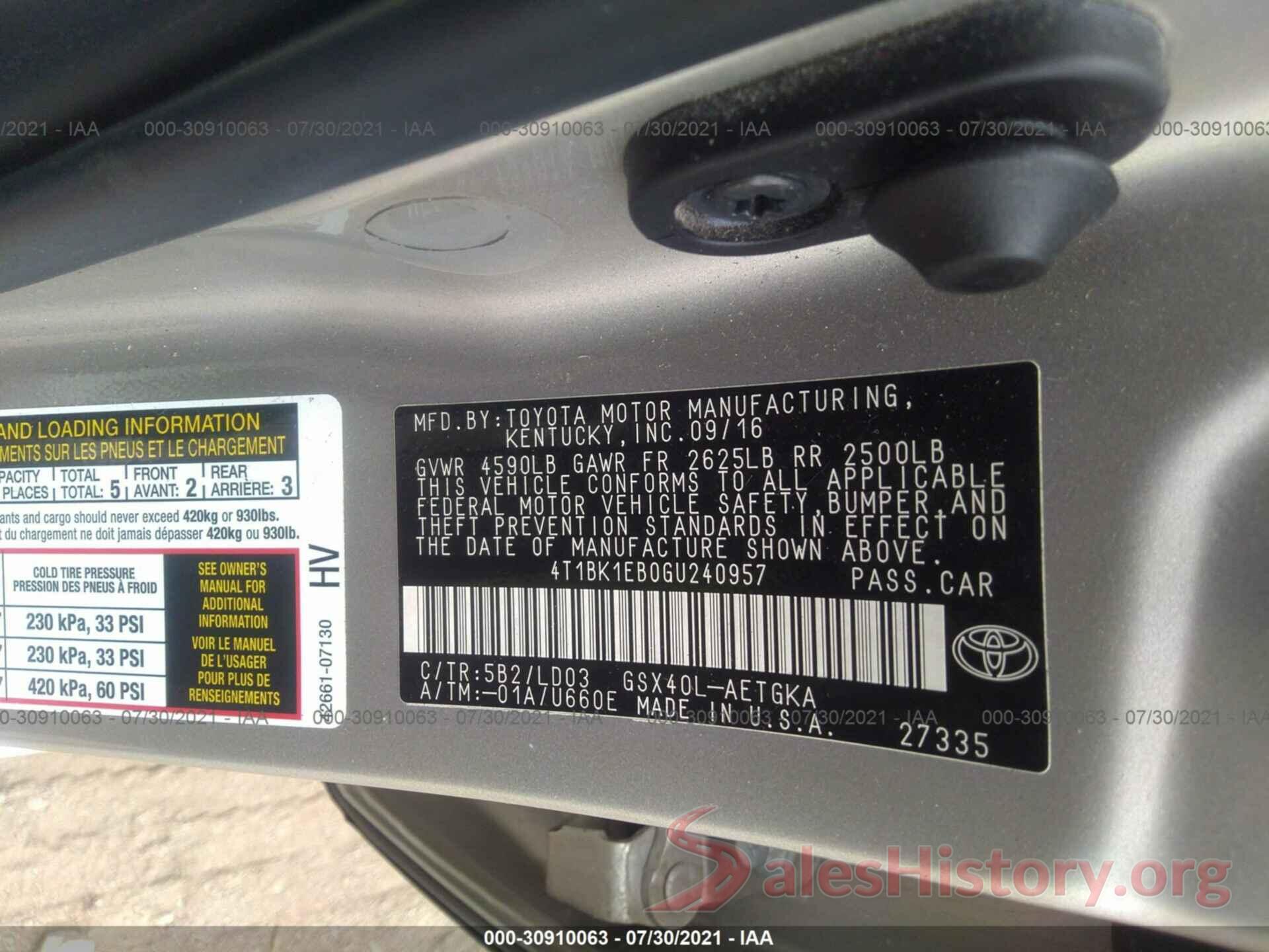 4T1BK1EB0GU240957 2016 TOYOTA AVALON