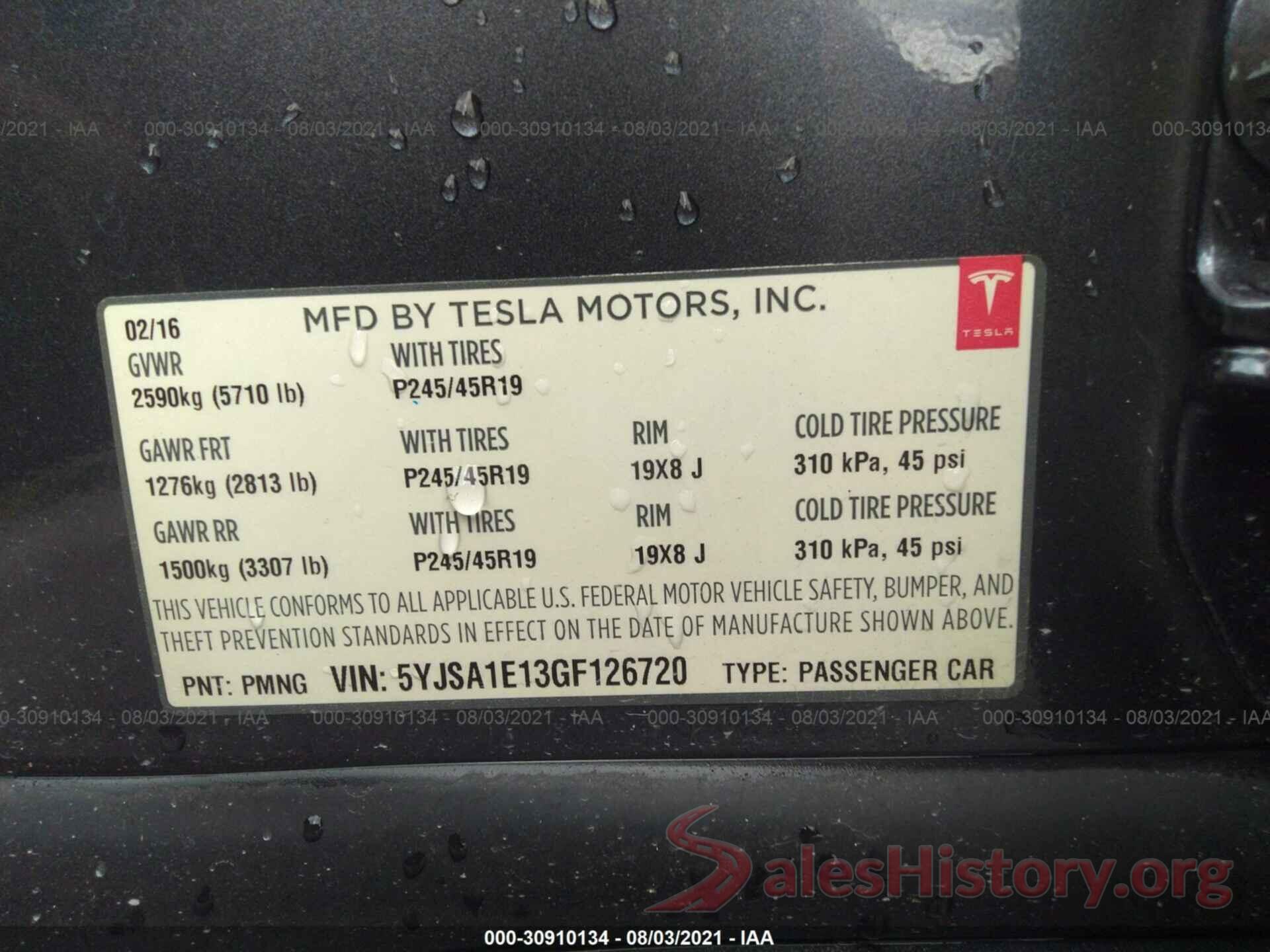 5YJSA1E13GF126720 2016 TESLA MODEL S