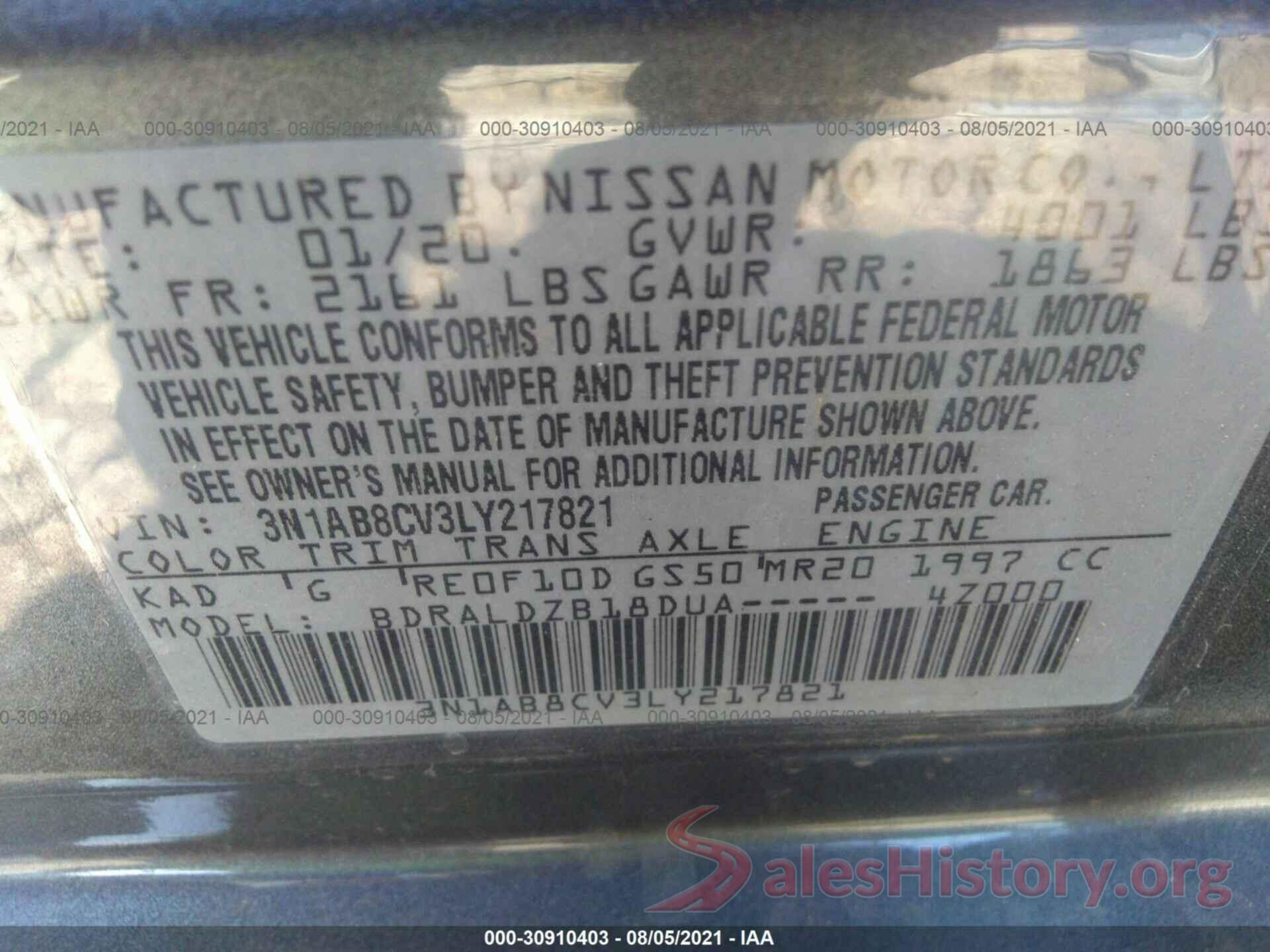 3N1AB8CV3LY217821 2020 NISSAN SENTRA