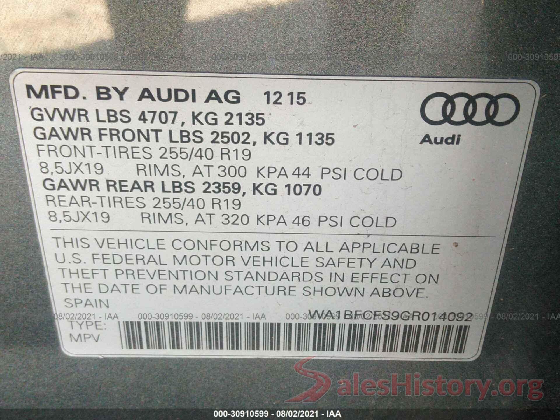 WA1BFCFS9GR014092 2016 AUDI Q3