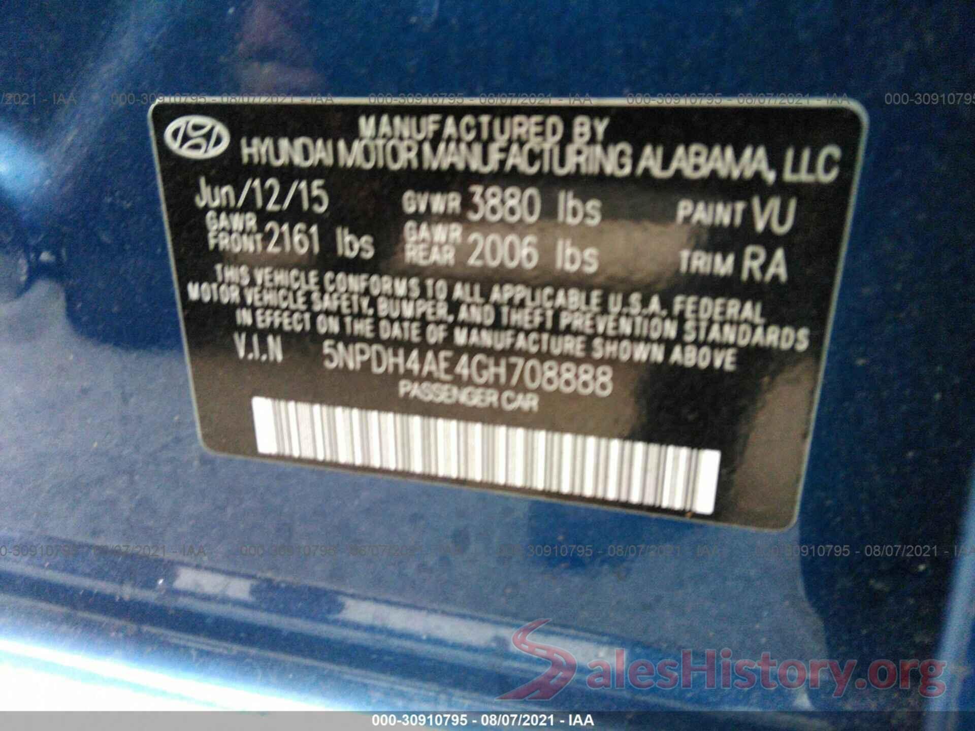 5NPDH4AE4GH708888 2016 HYUNDAI ELANTRA