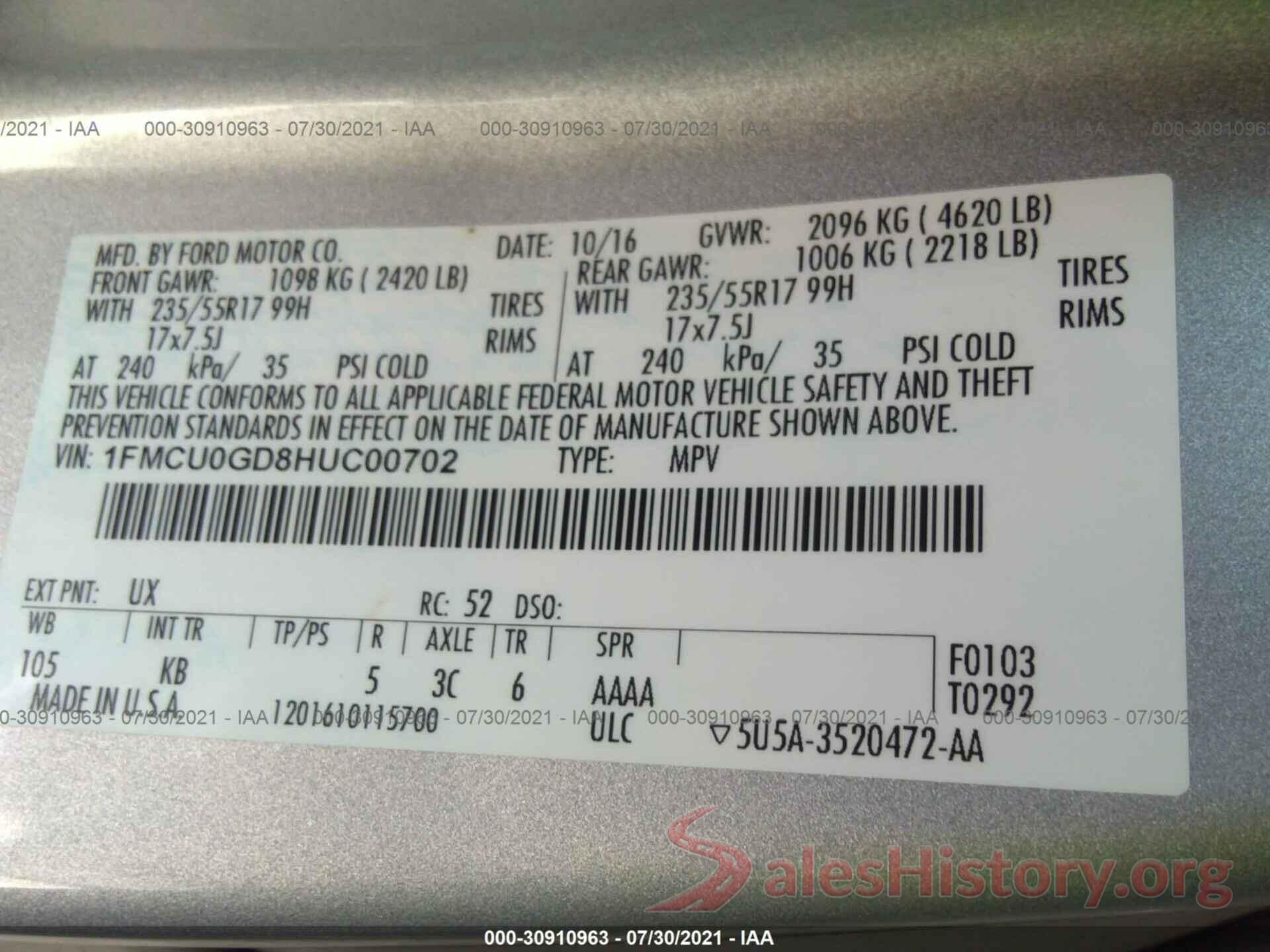 1FMCU0GD8HUC00702 2017 FORD ESCAPE