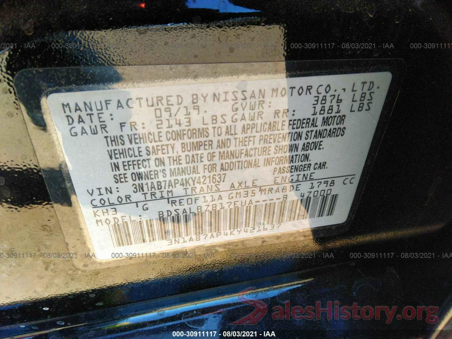 3N1AB7AP4KY421637 2019 NISSAN SENTRA