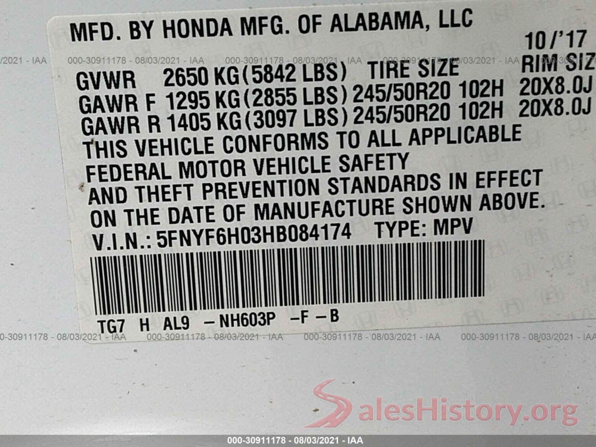 5FNYF6H03HB084174 2017 HONDA PILOT