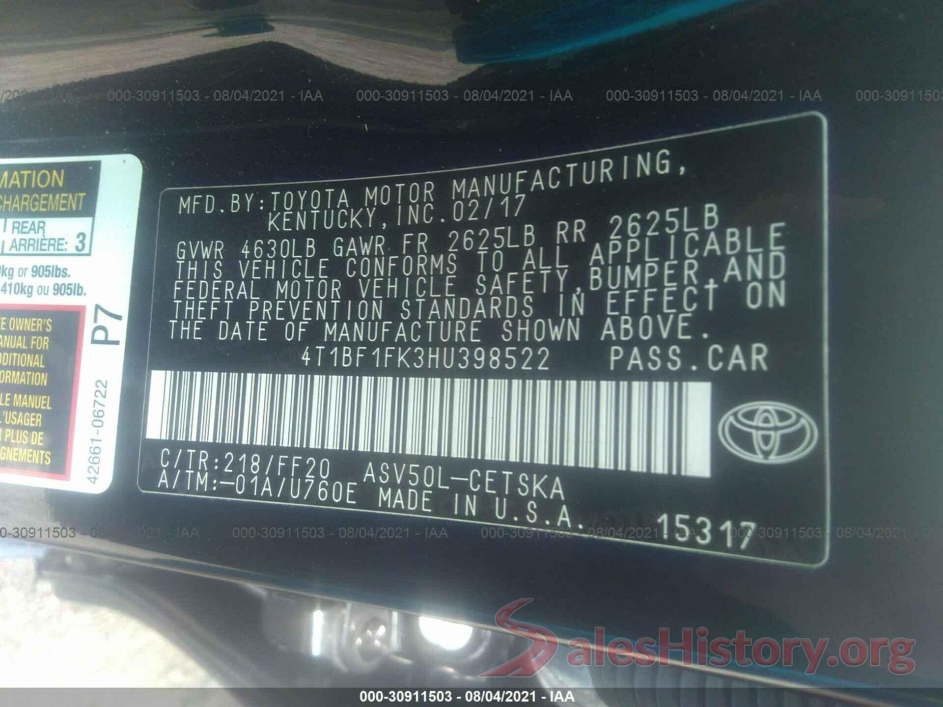 4T1BF1FK3HU398522 2017 TOYOTA CAMRY