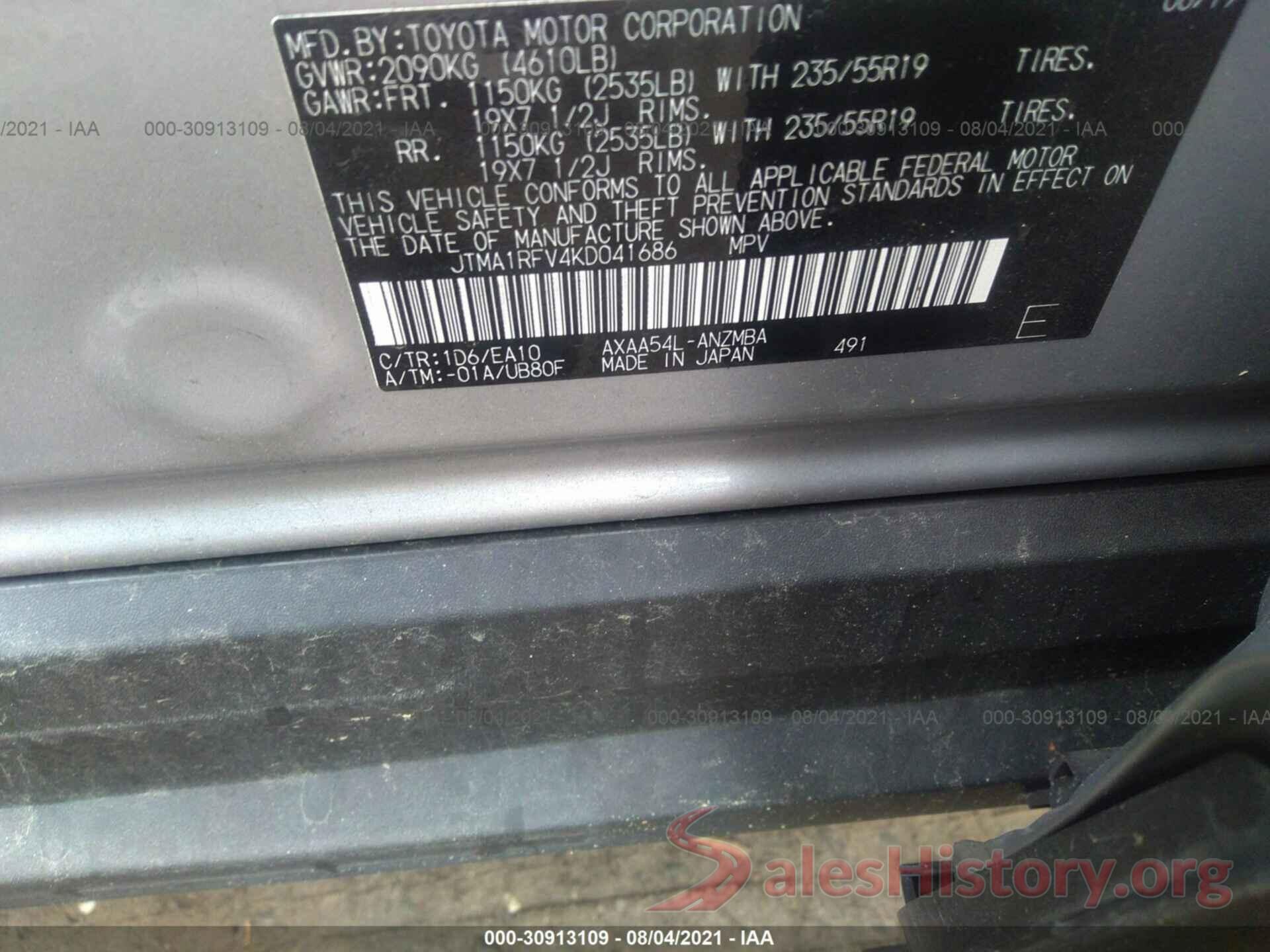 JTMA1RFV4KD041686 2019 TOYOTA RAV4