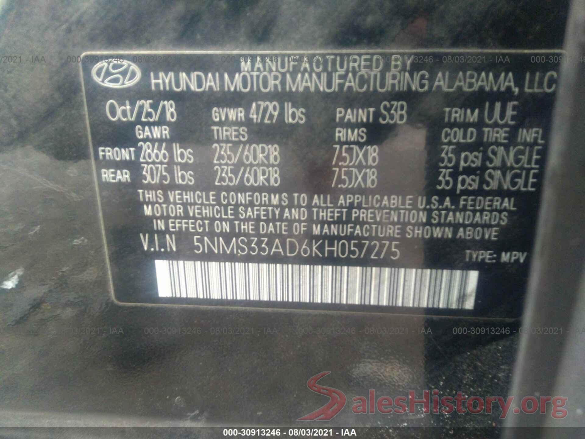 5NMS33AD6KH057275 2019 HYUNDAI SANTA FE