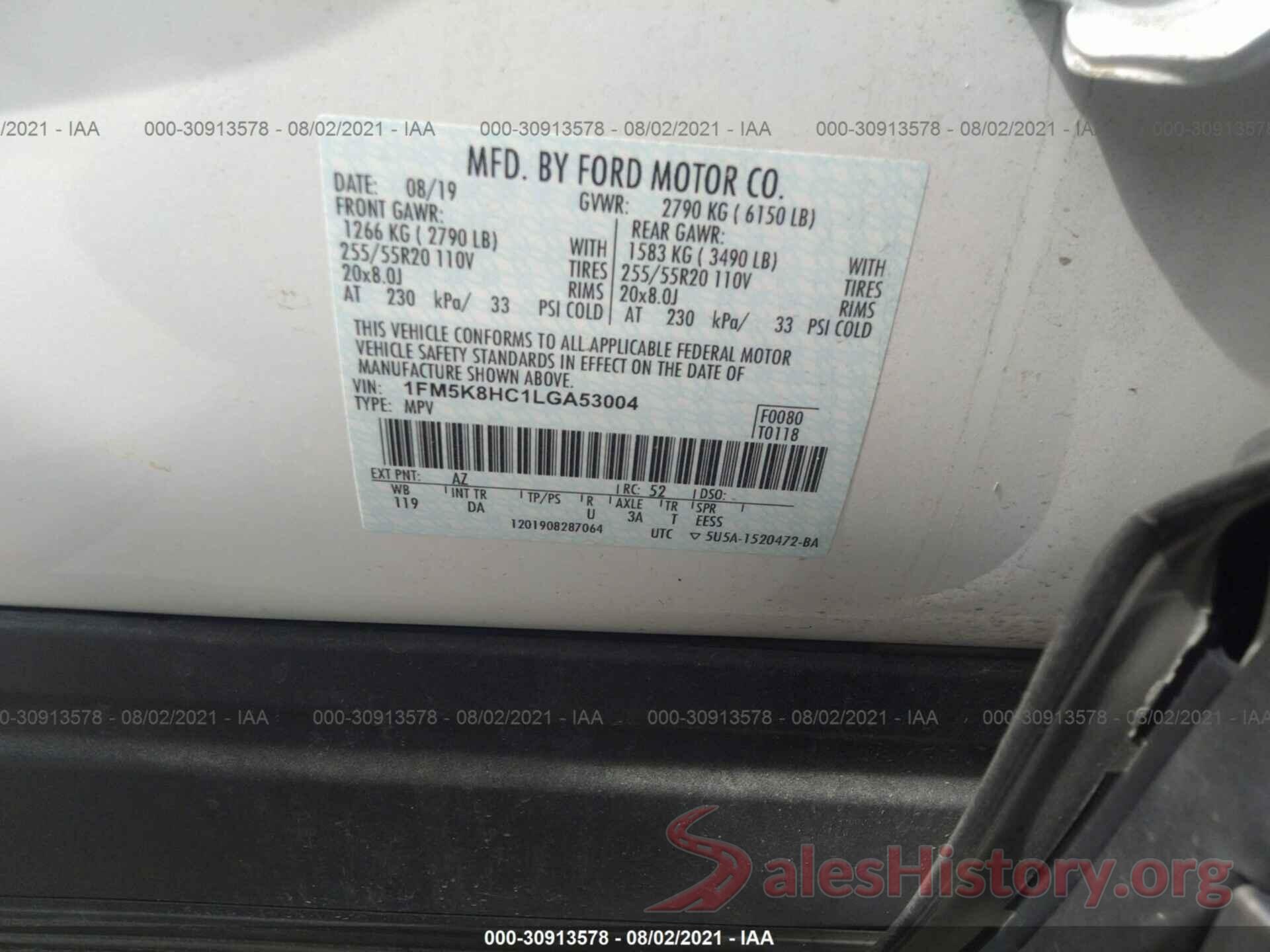 1FM5K8HC1LGA53004 2020 FORD EXPLORER